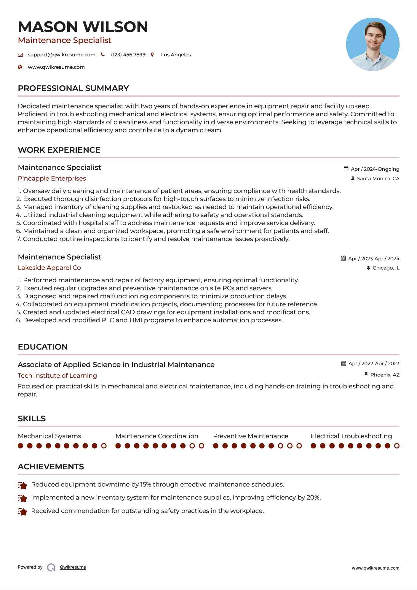 Maintenance Specialist Resume Format