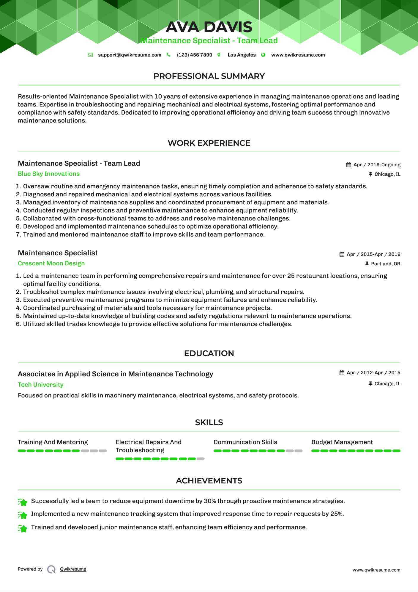 Maintenance Specialist - Team Lead Resume Model
