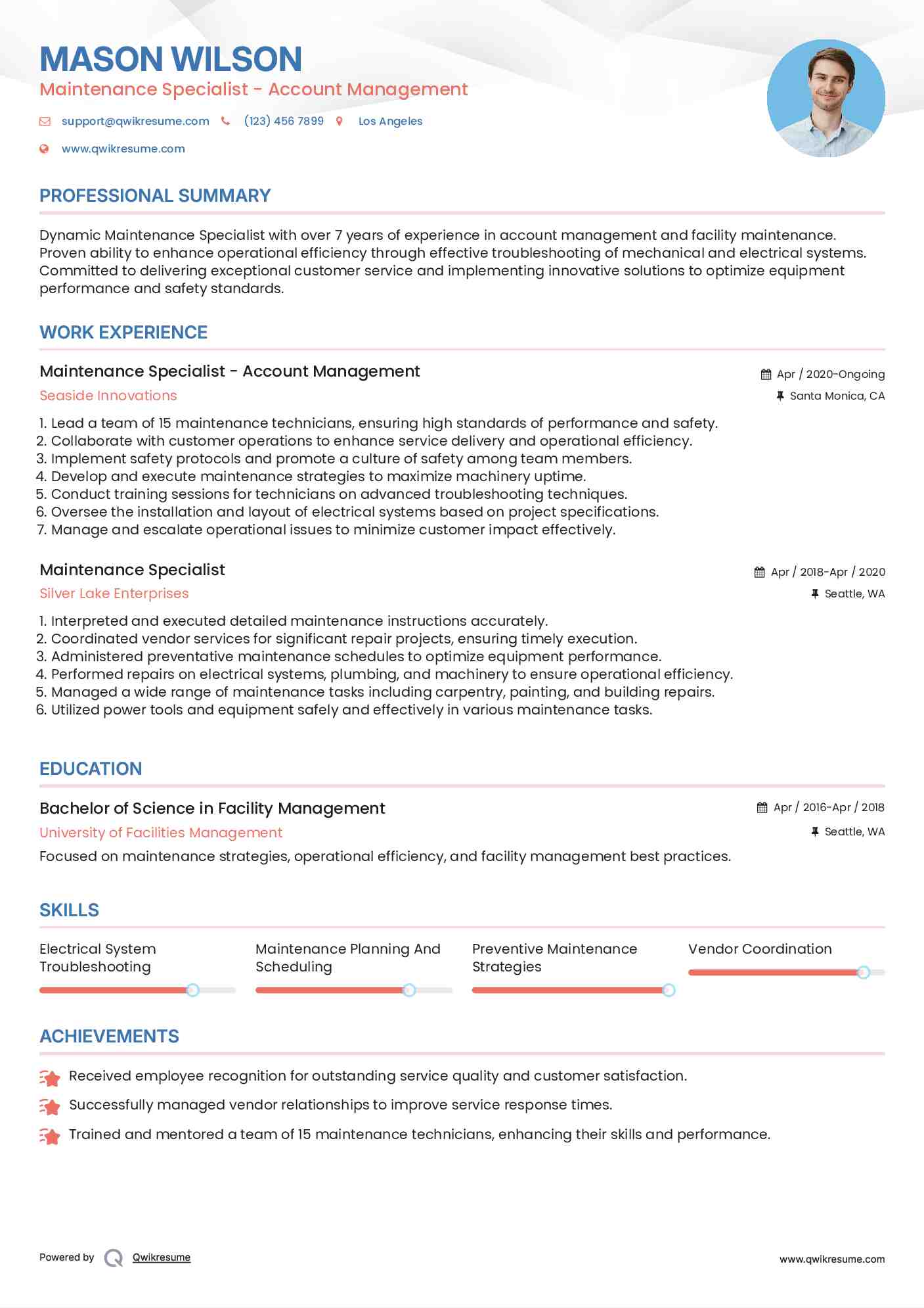 Maintenance Specialist - Account Management Resume Model