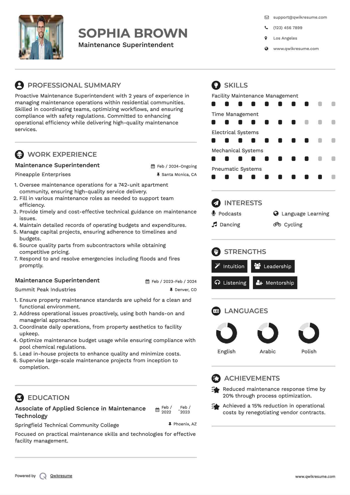 Maintenance Superintendent Resume Samples Qwikresume