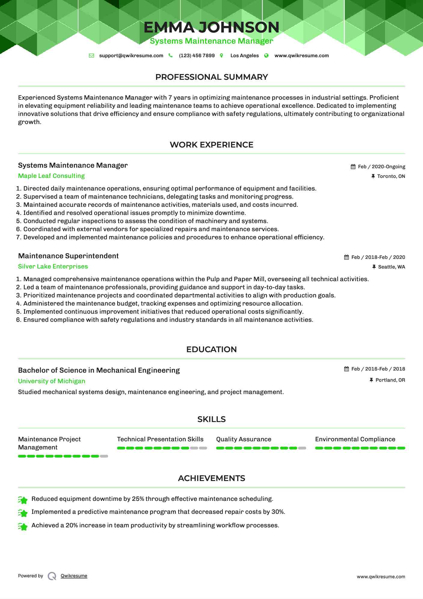 Systems Maintenance Manager Resume Example