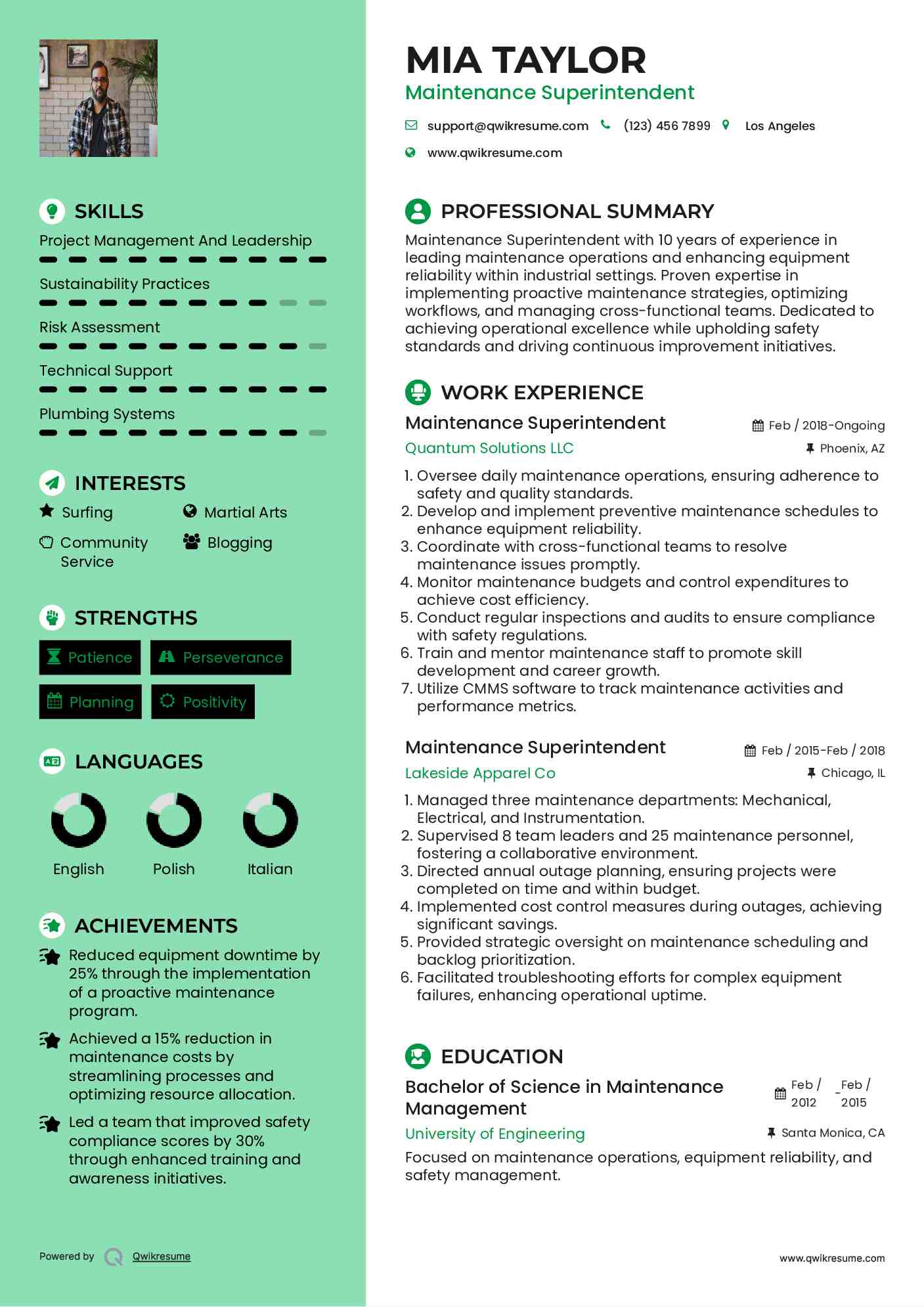 Maintenance Superintendent Resume Example