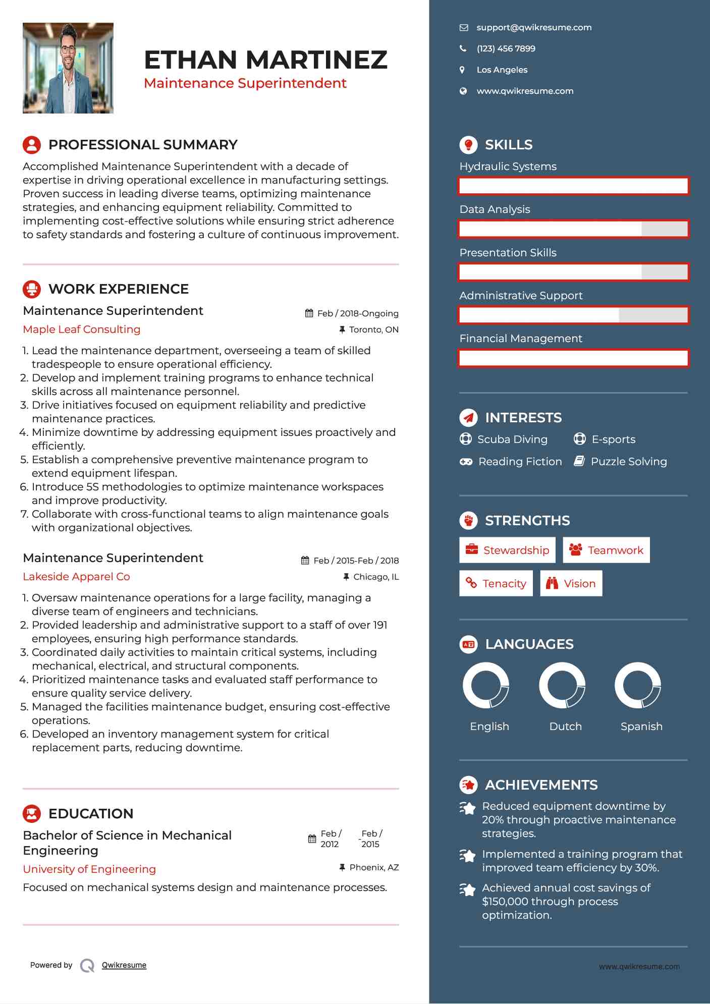 Maintenance Superintendent Resume Sample