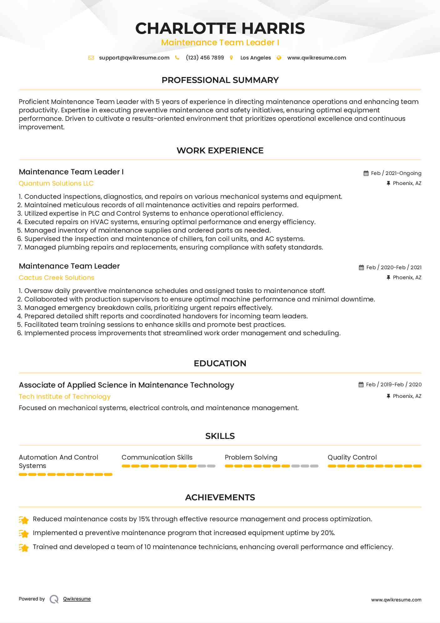 Maintenance Team Leader I  Resume Sample