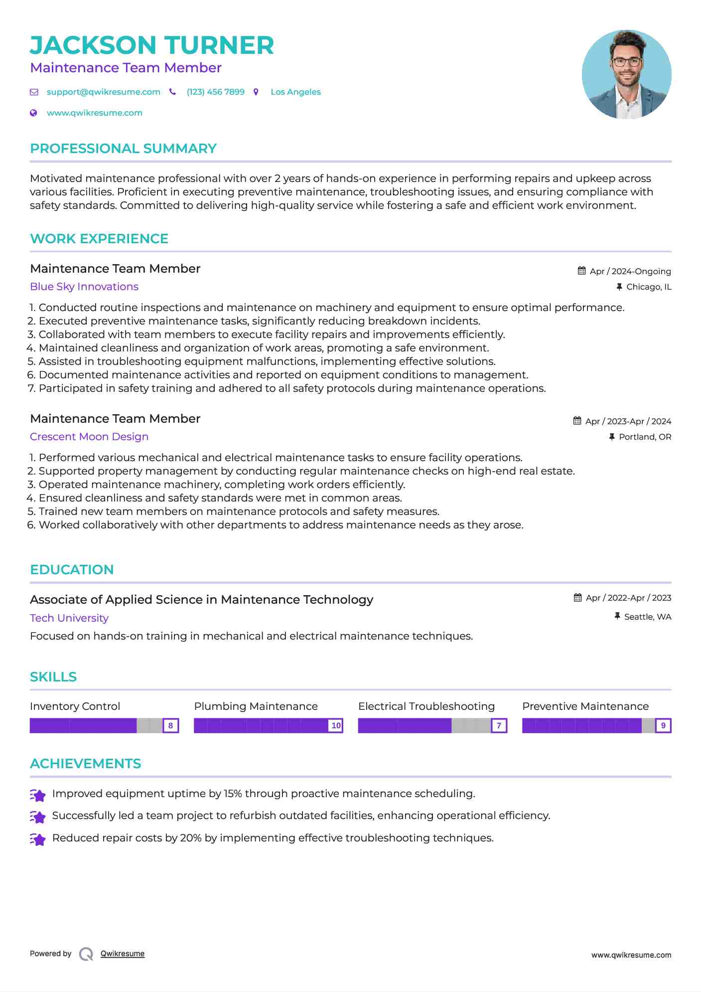 Maintenance Team Member Resume Template