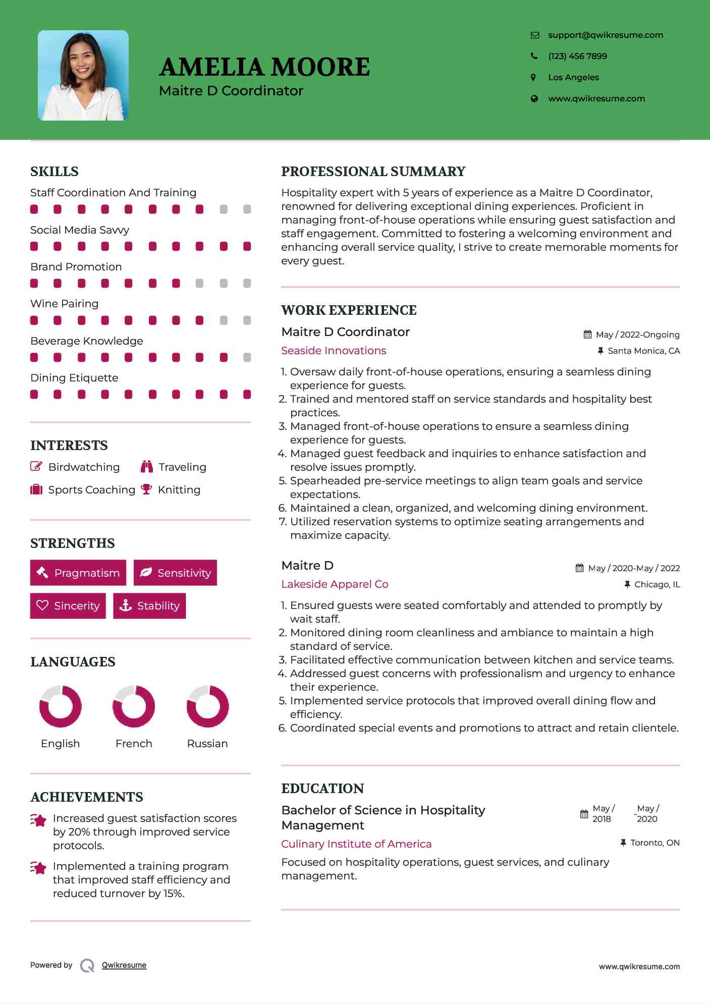 Maitre D Coordinator Resume Format
