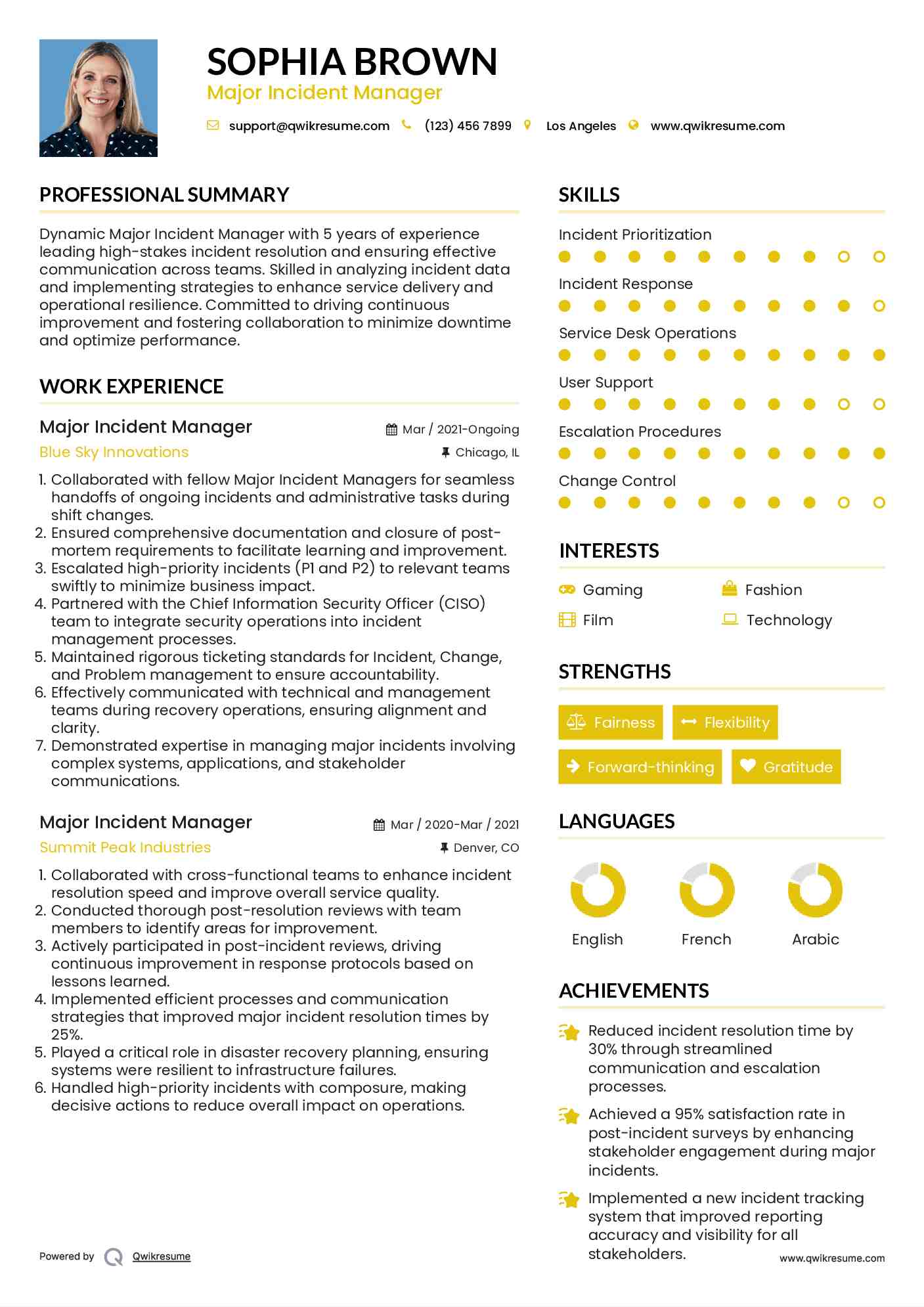 Major Incident Manager Resume Model