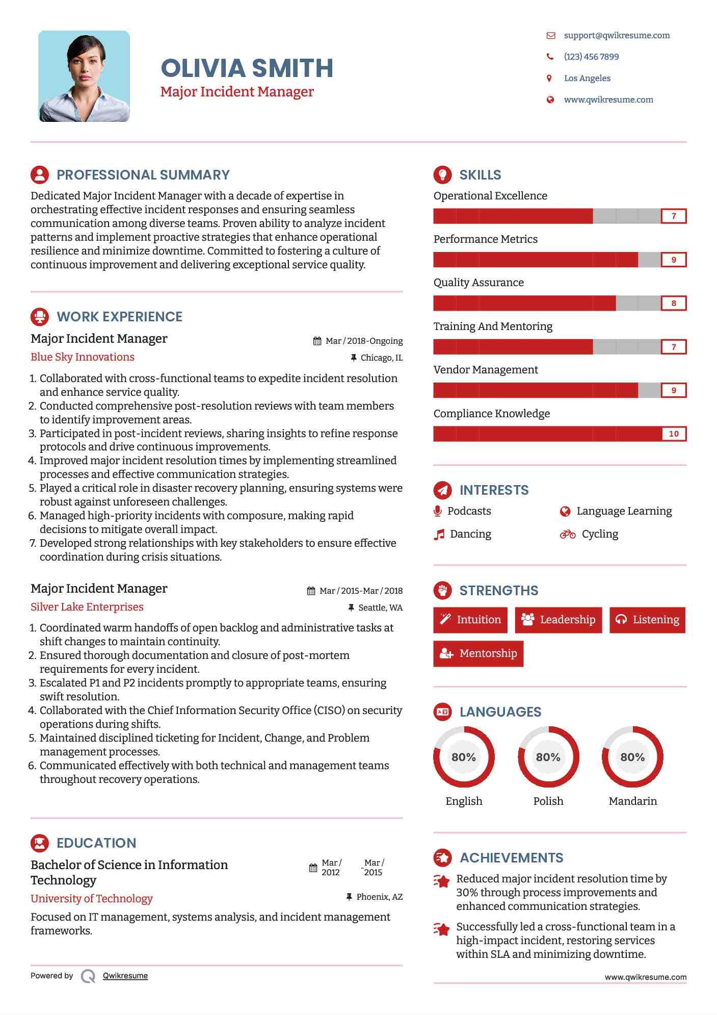 Major Incident Manager Resume Sample