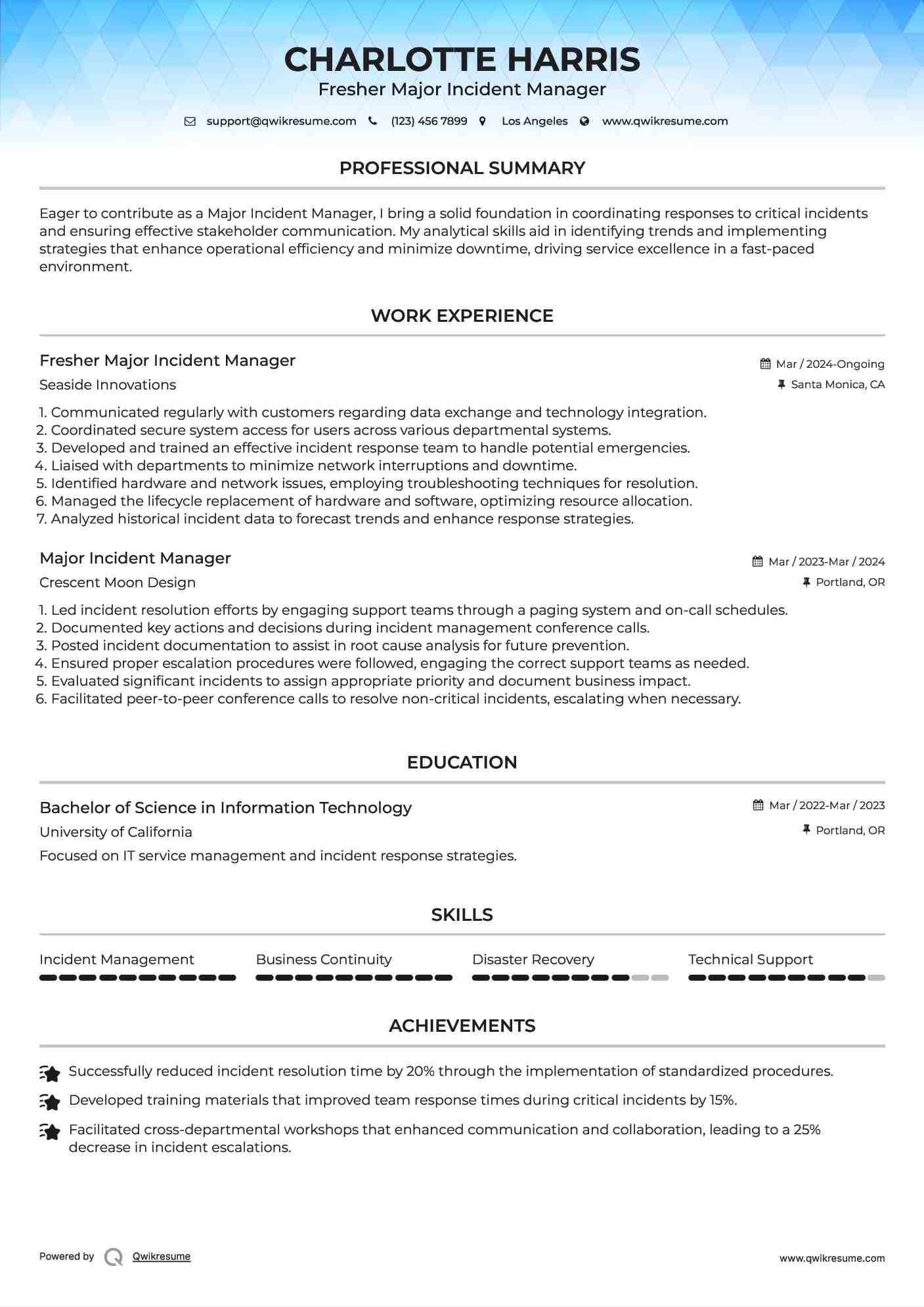 Fresher Major Incident Manager Resume Format