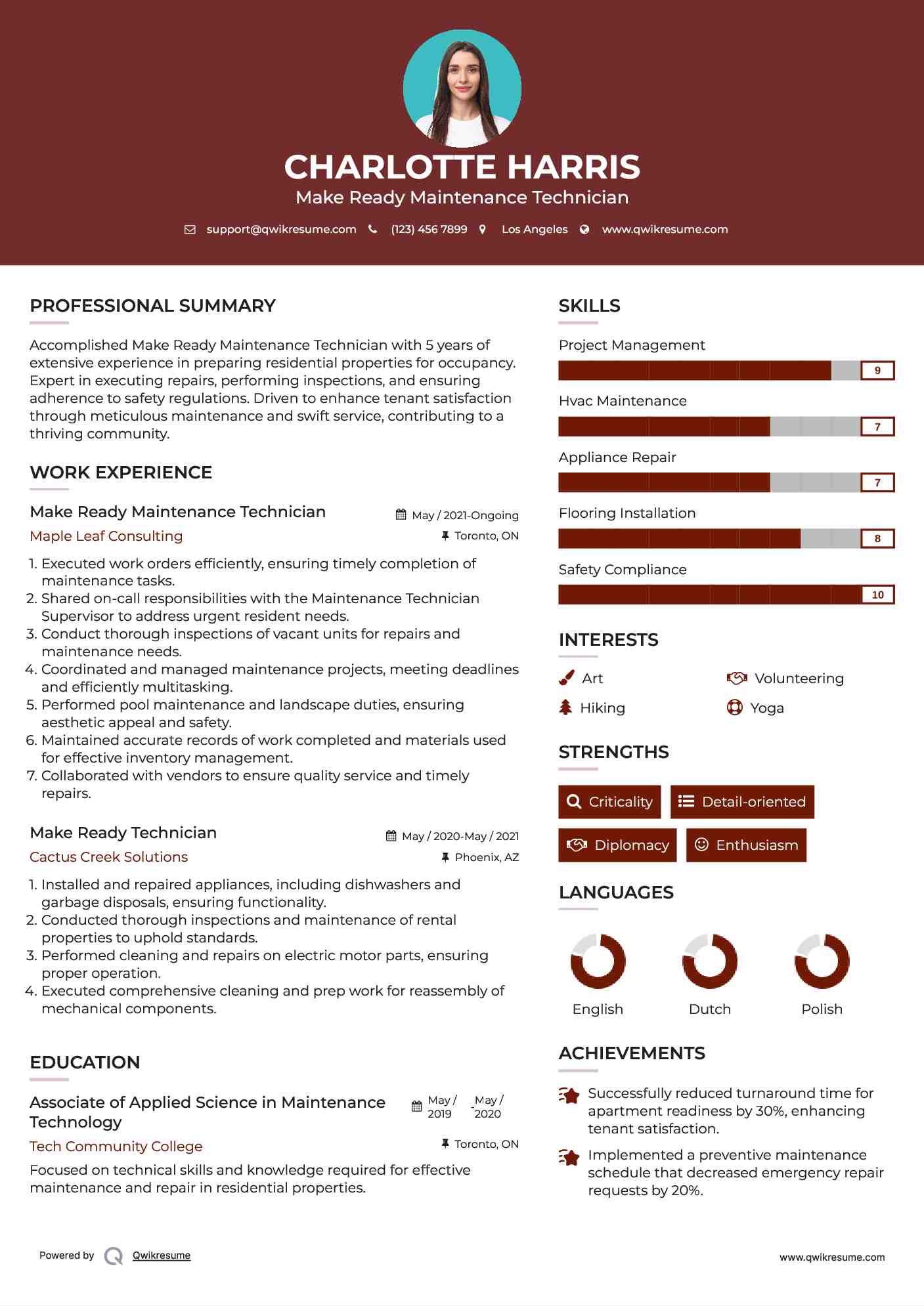 Make Ready Maintenance Technician Resume Model
