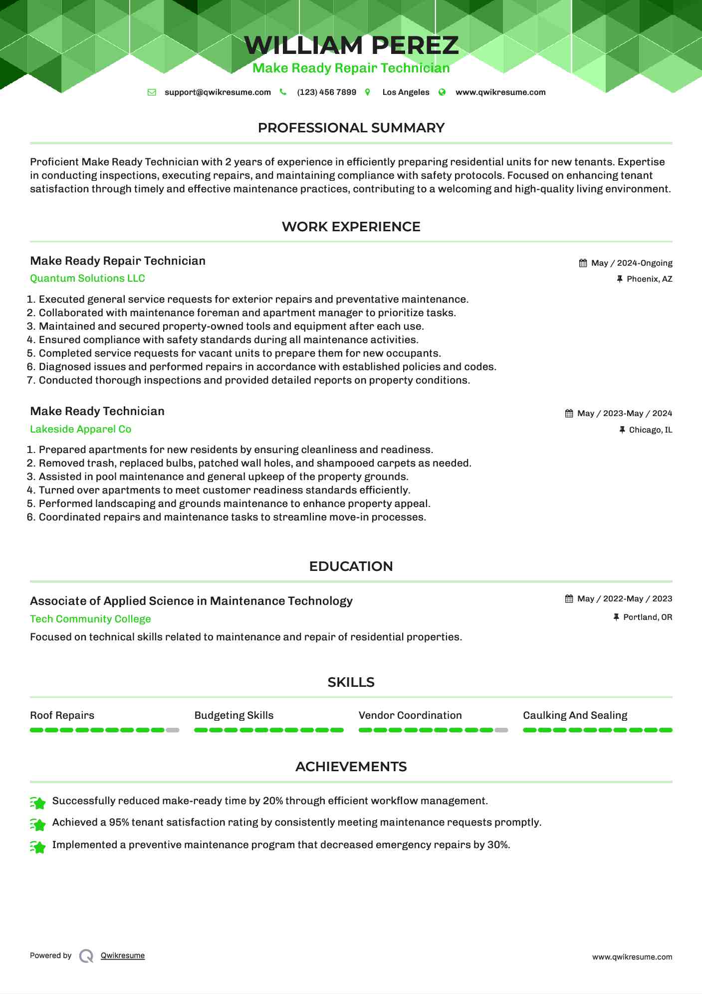 Make Ready Repair Technician Resume Example