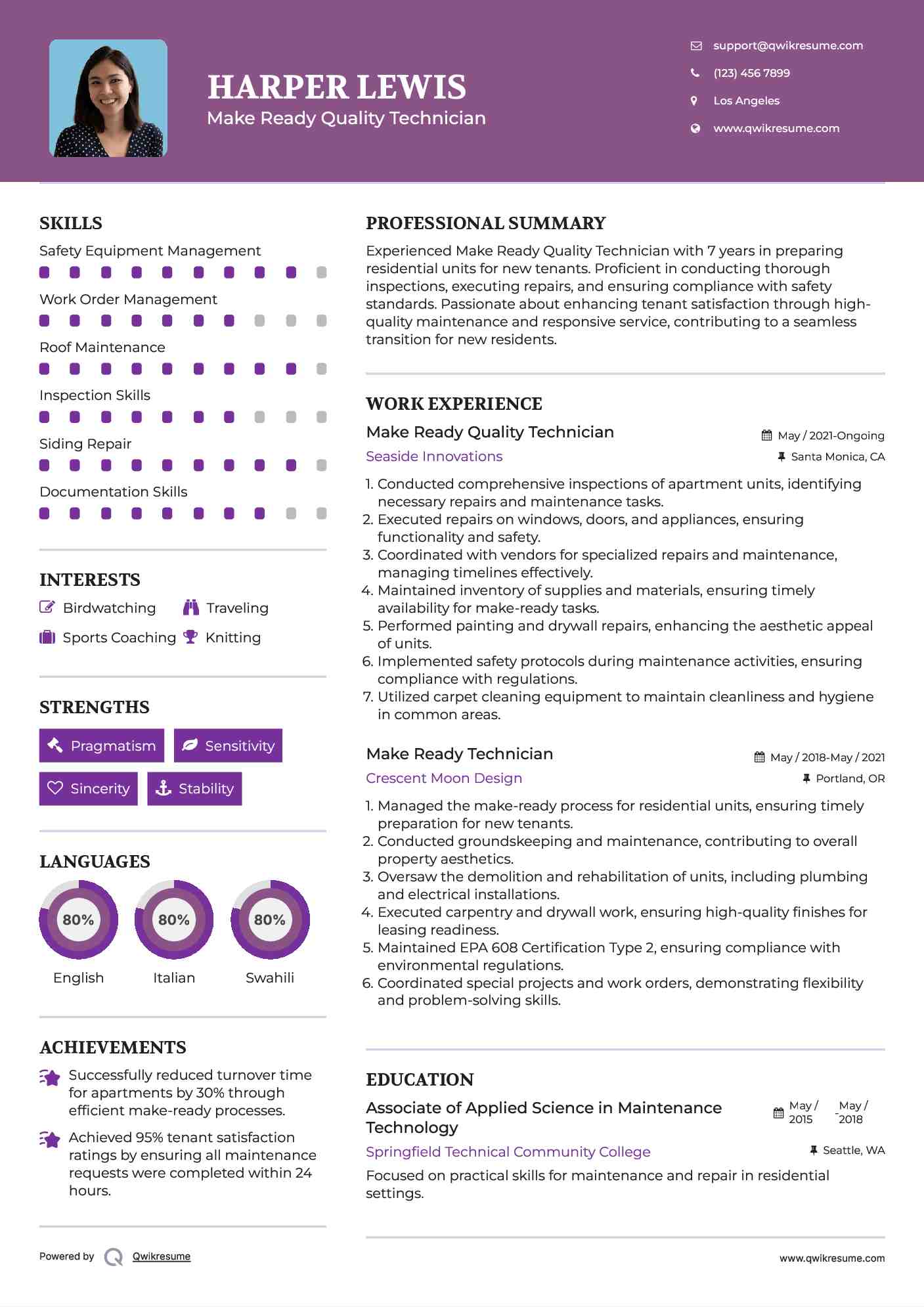 Make Ready Quality Technician Resume Template