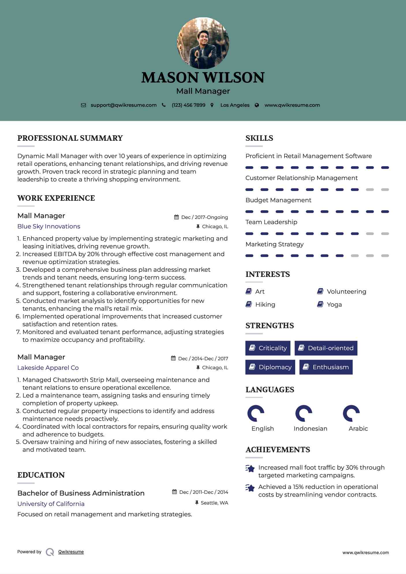 Mall Manager Resume Sample