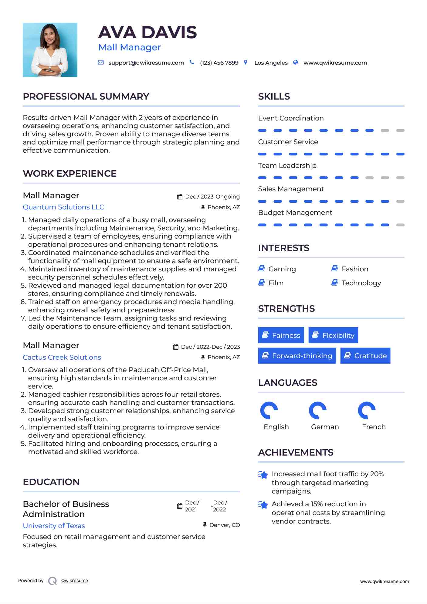 Mall Manager Resume Model