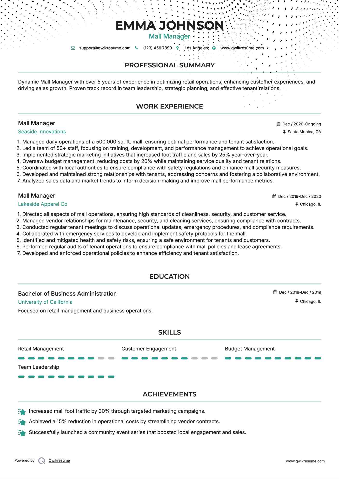 Mall Manager Resume Model