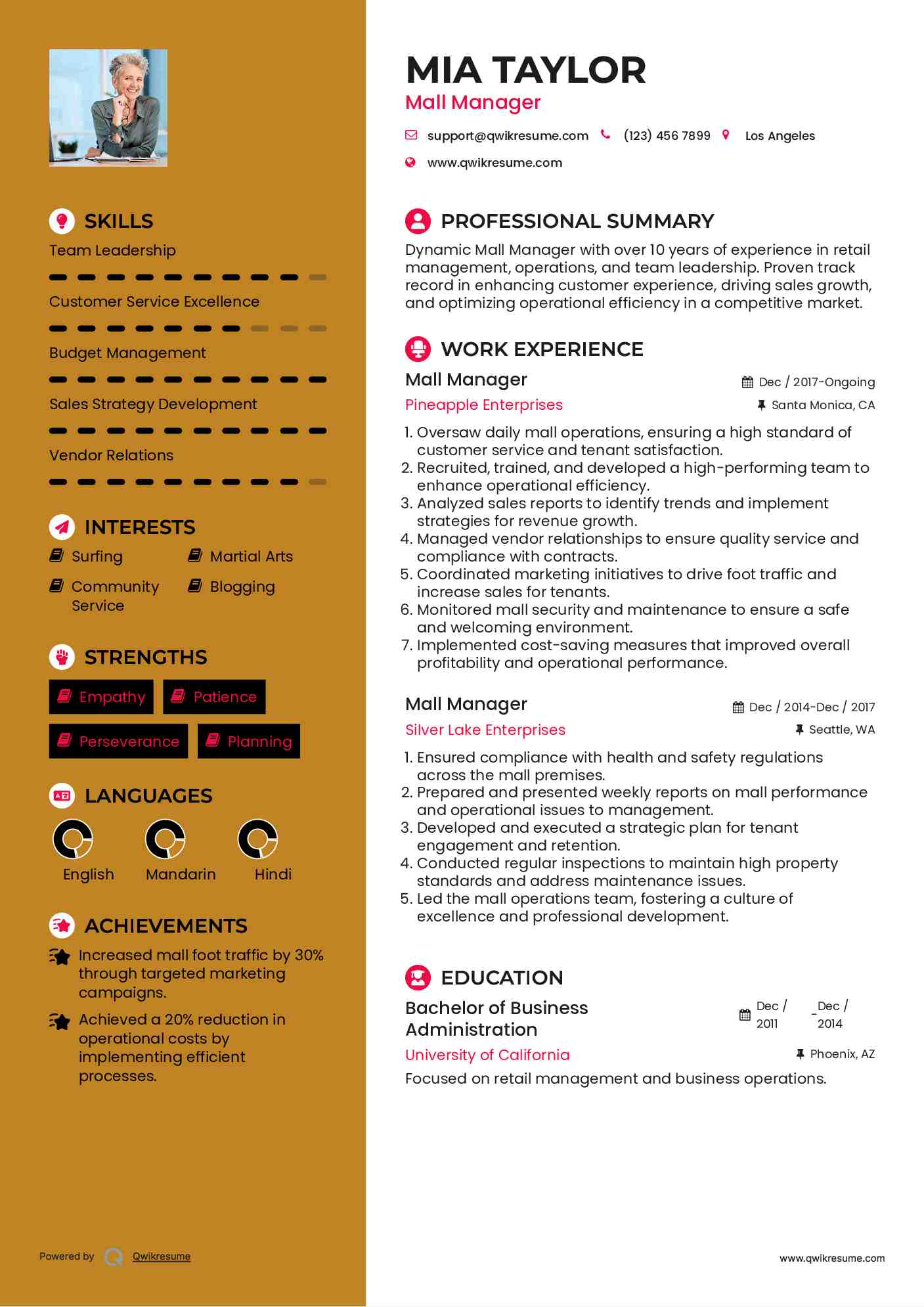 Mall Manager Resume Model