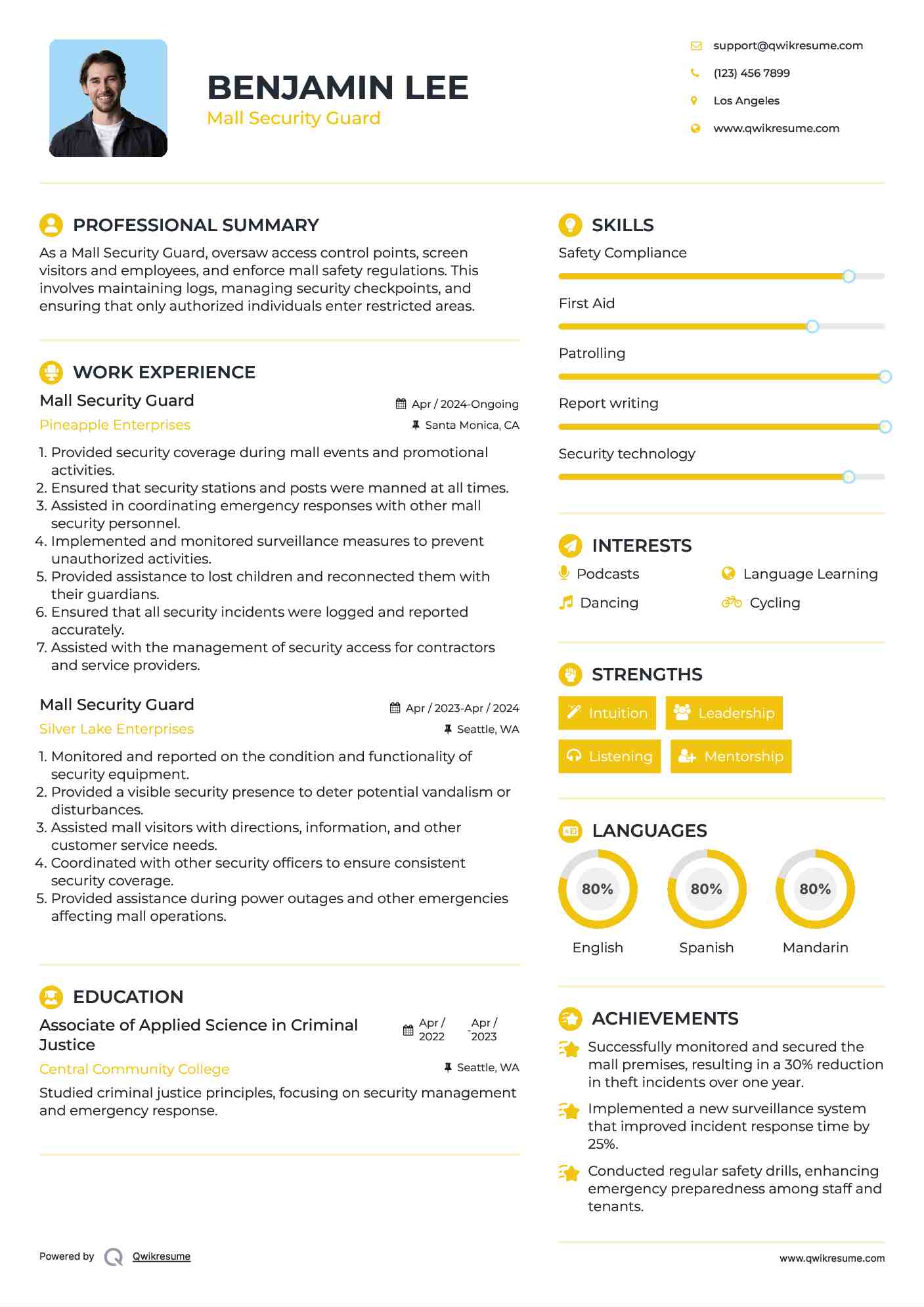 Mall Security Guard Resume Example