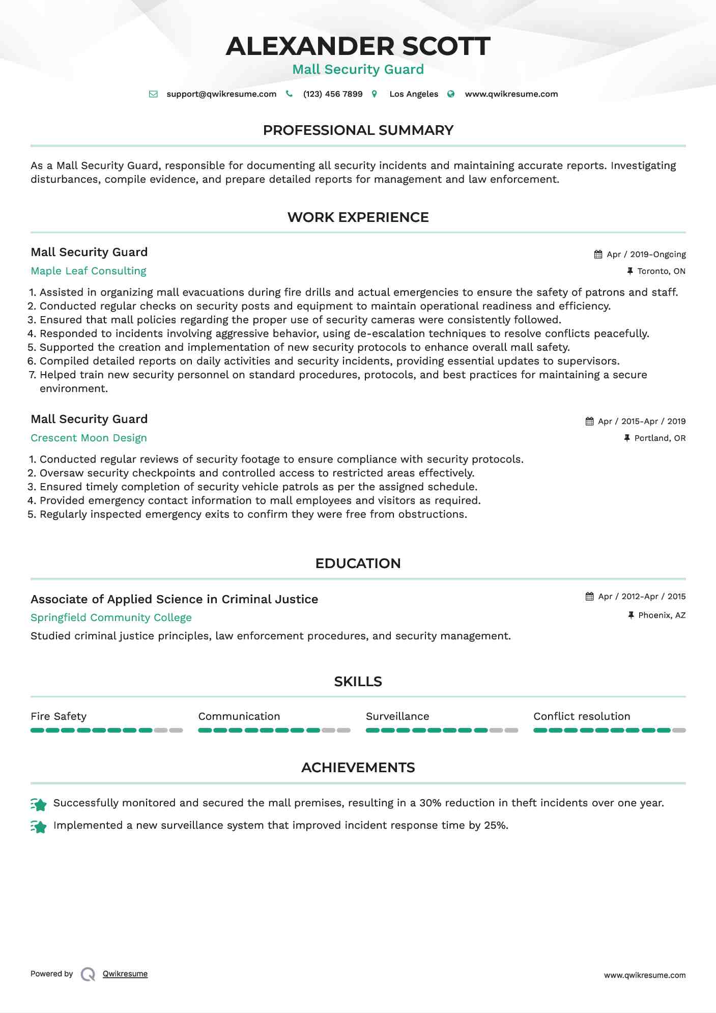 Mall Security Guard Resume Format