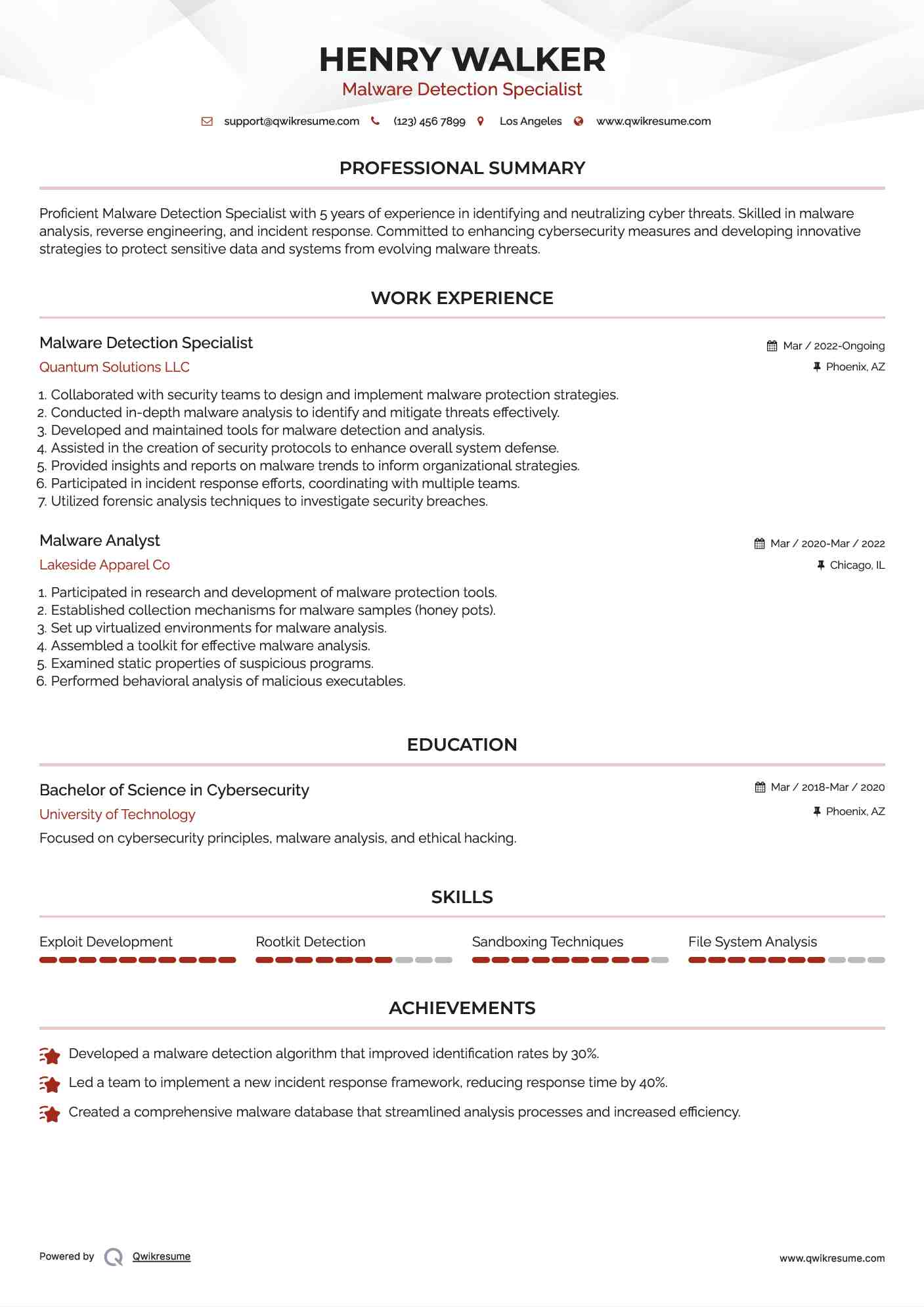 Malware Detection Specialist Resume Example