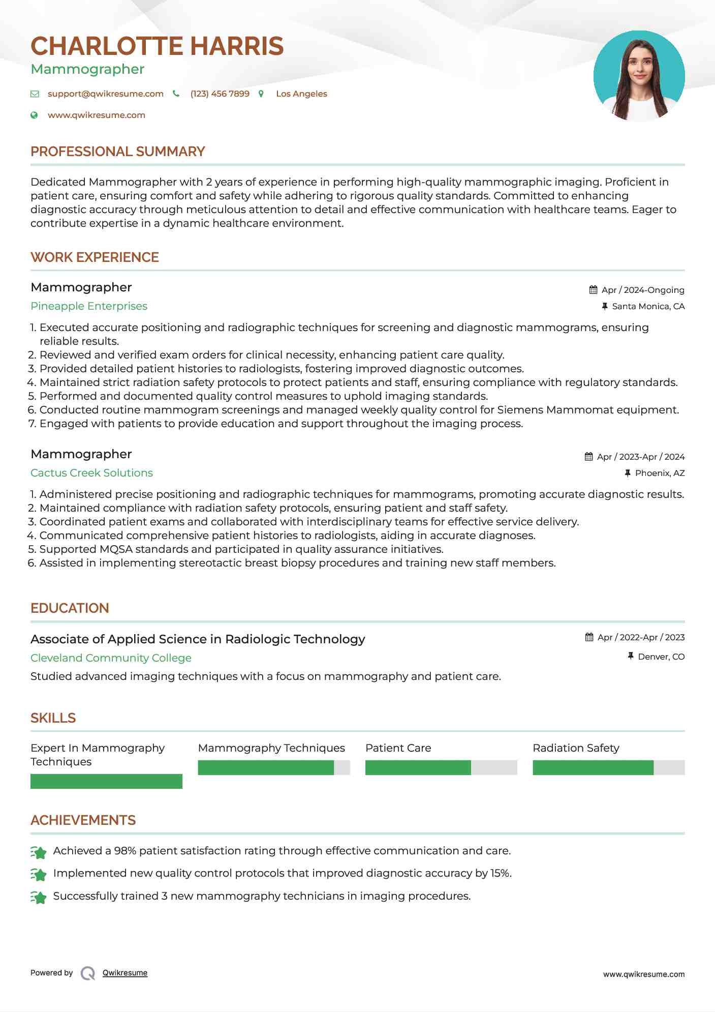 Mammographer Resume Example