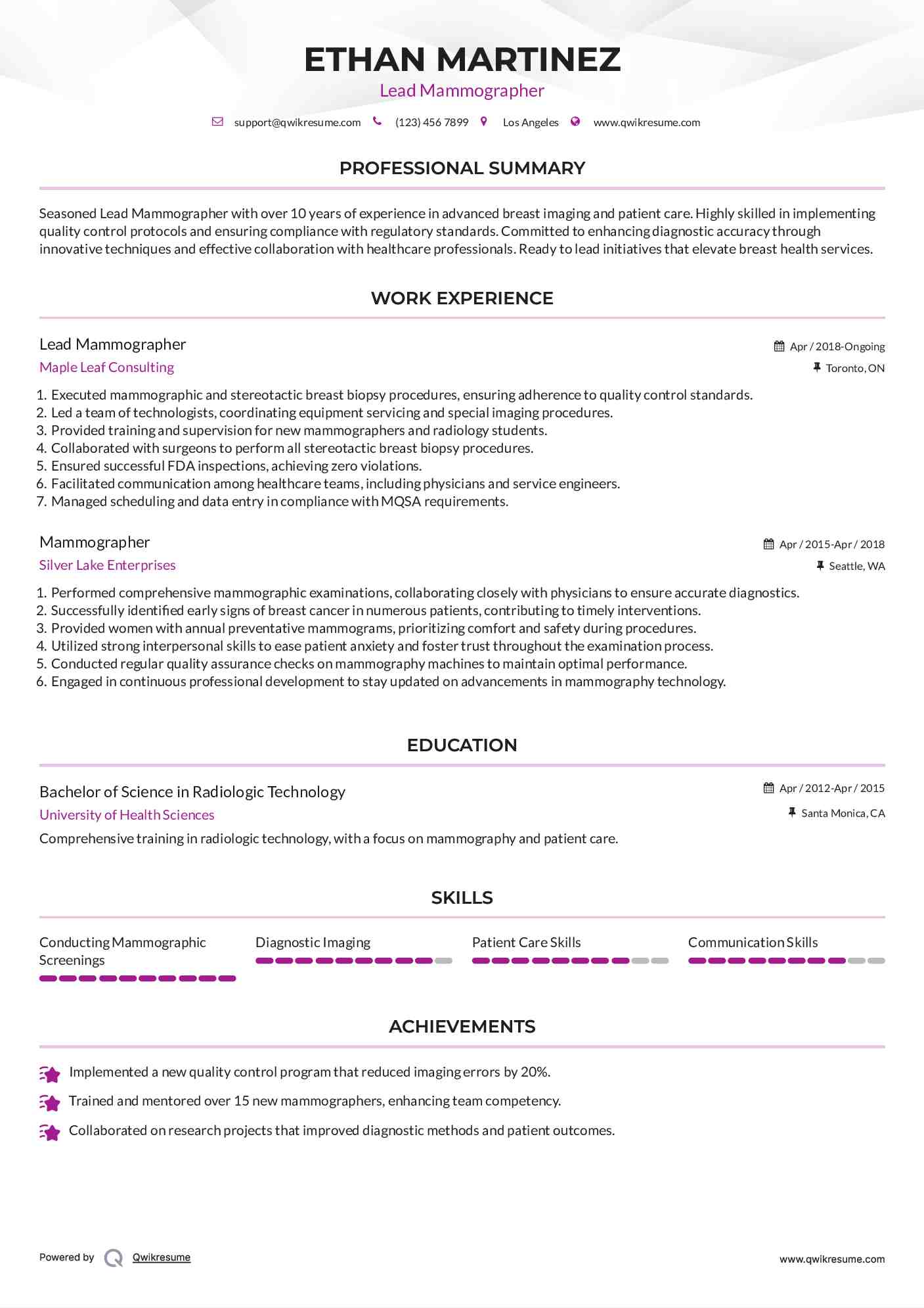 Lead Mammographer Resume Format