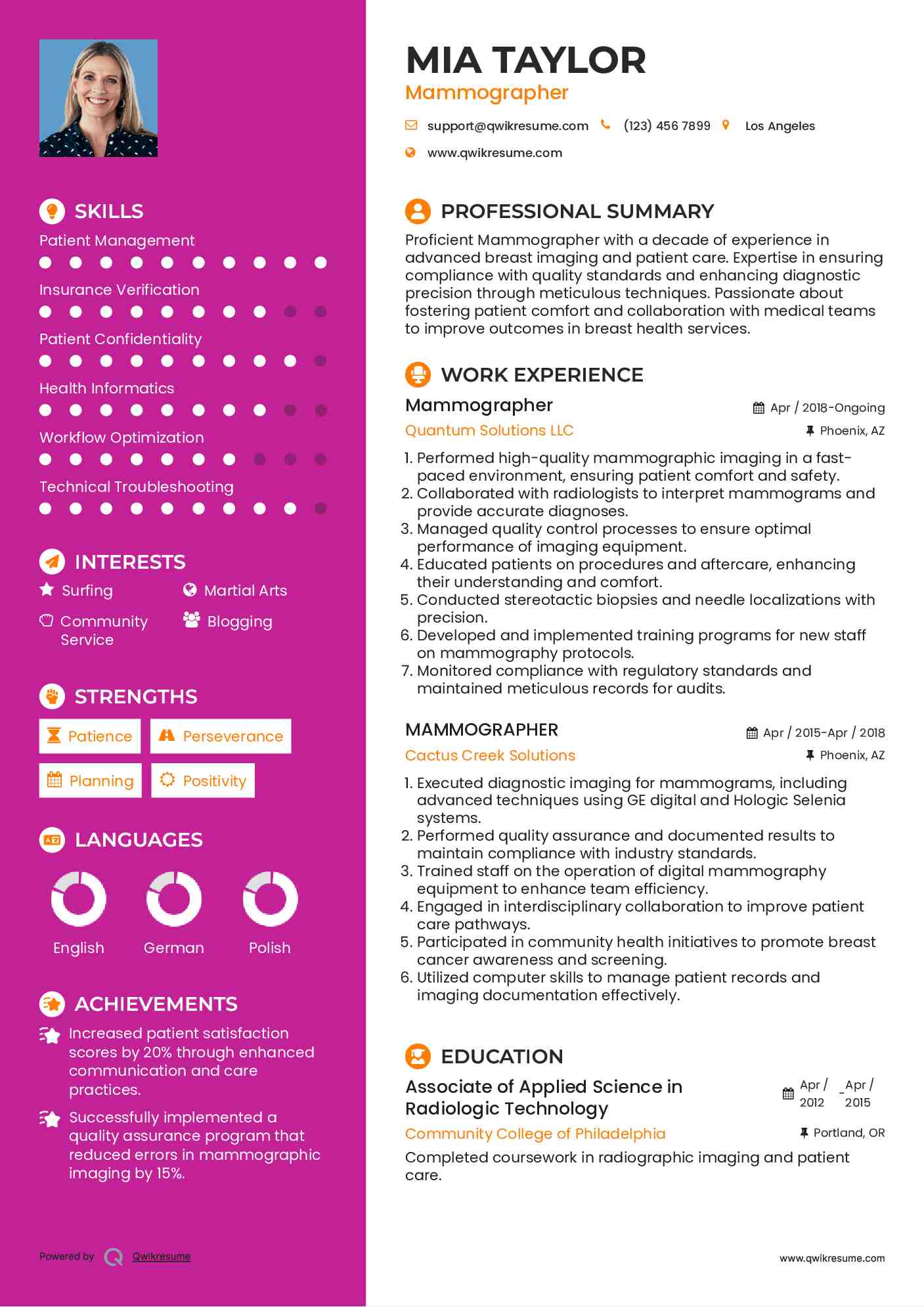 Mammographer Resume Format