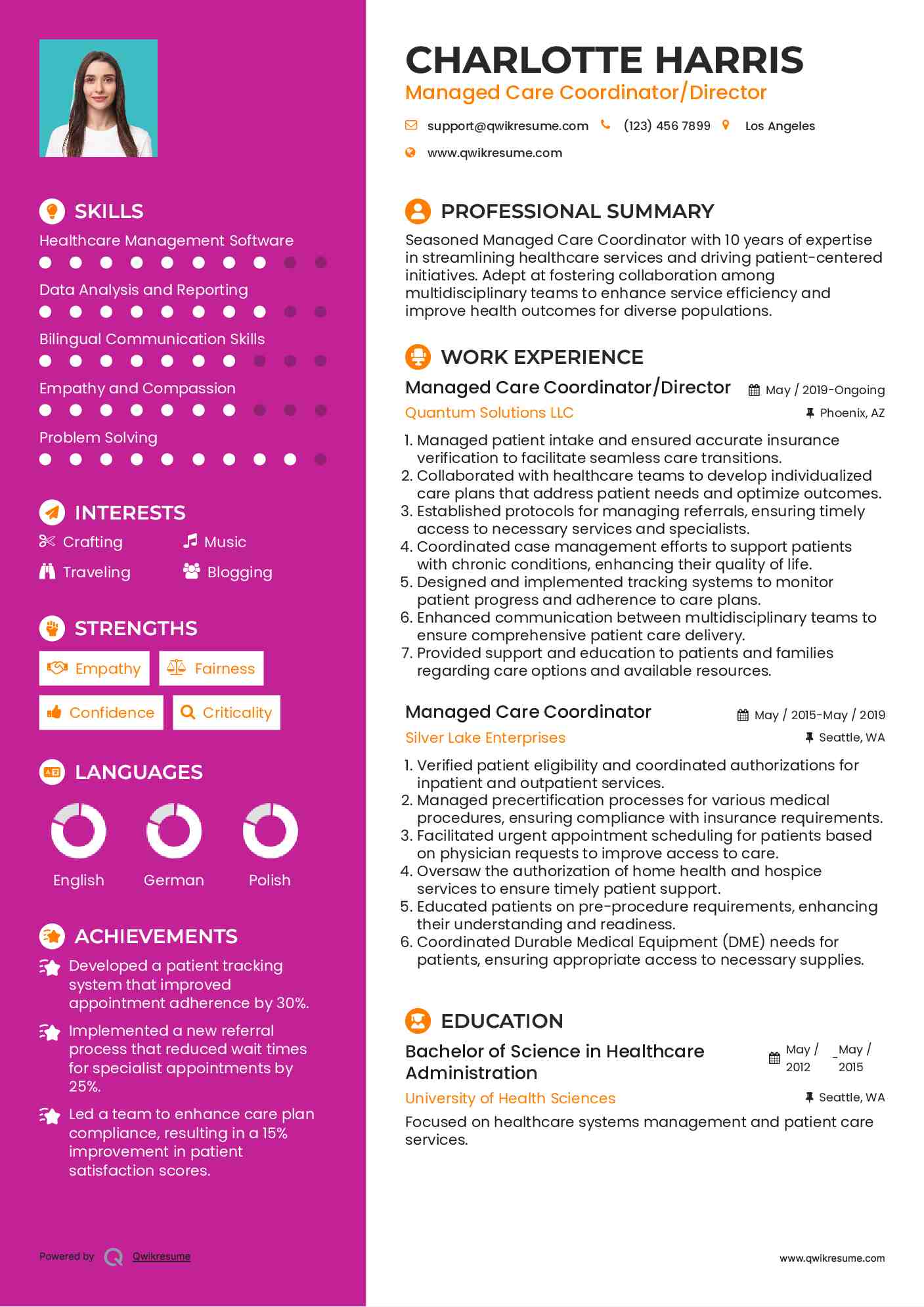 Managed Care Coordinator/Director Resume Model