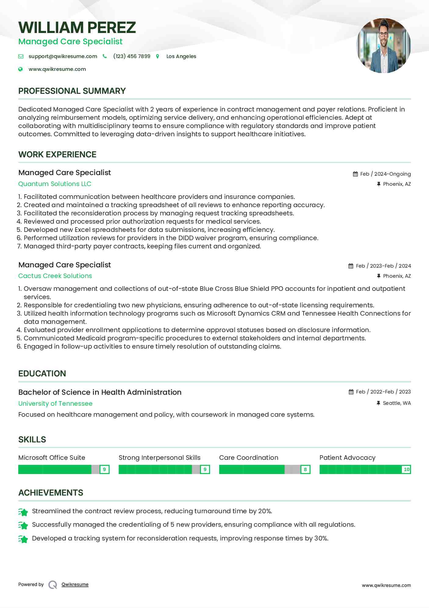 Managed Care Specialist Resume Example