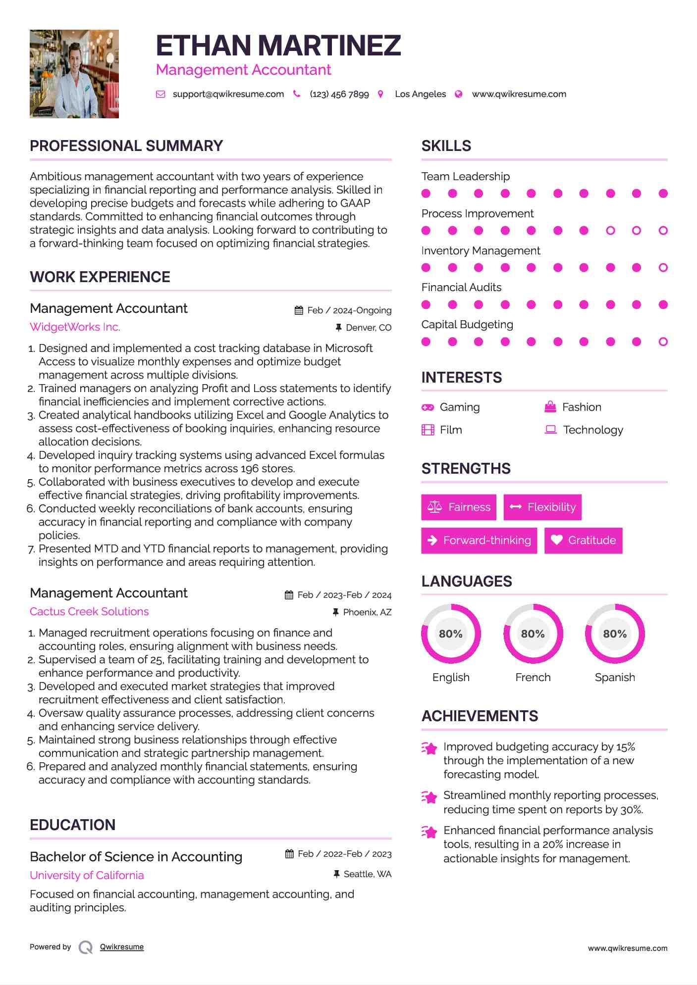 Management Accountant Resume Sample