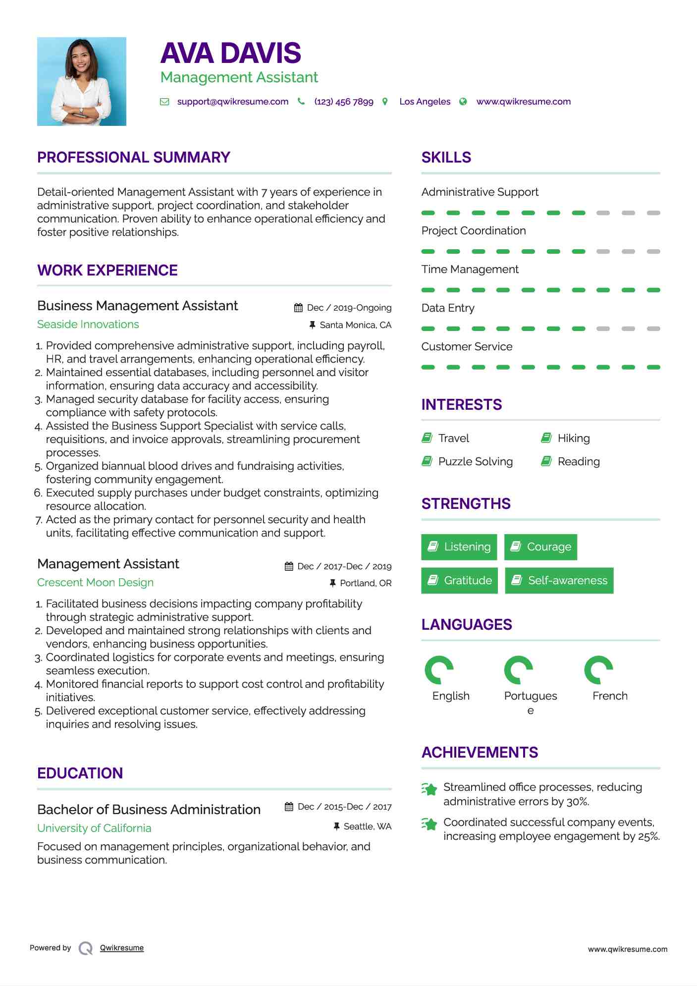 Business Management Assistant Resume Format