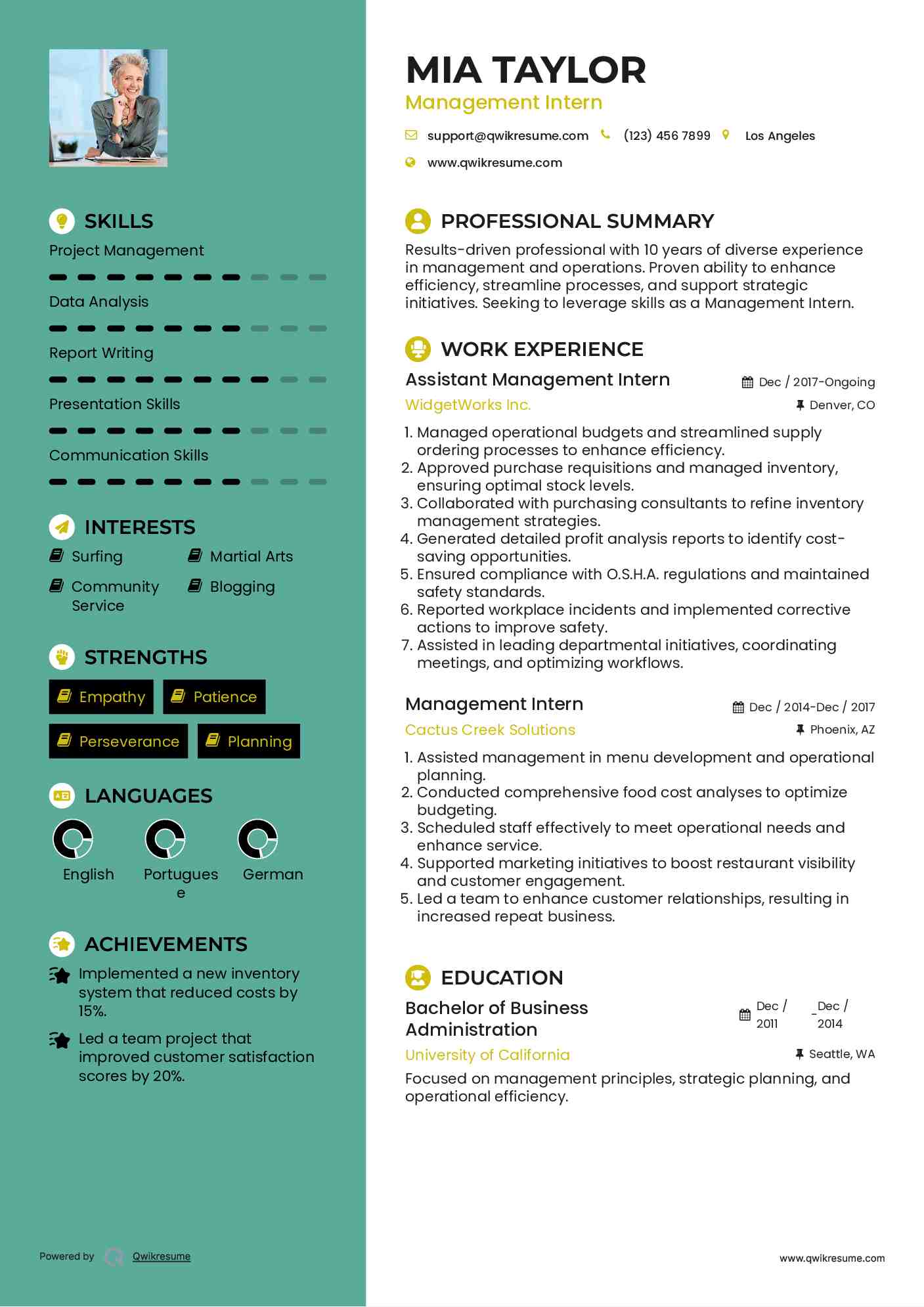 Assistant Management Intern Resume Format