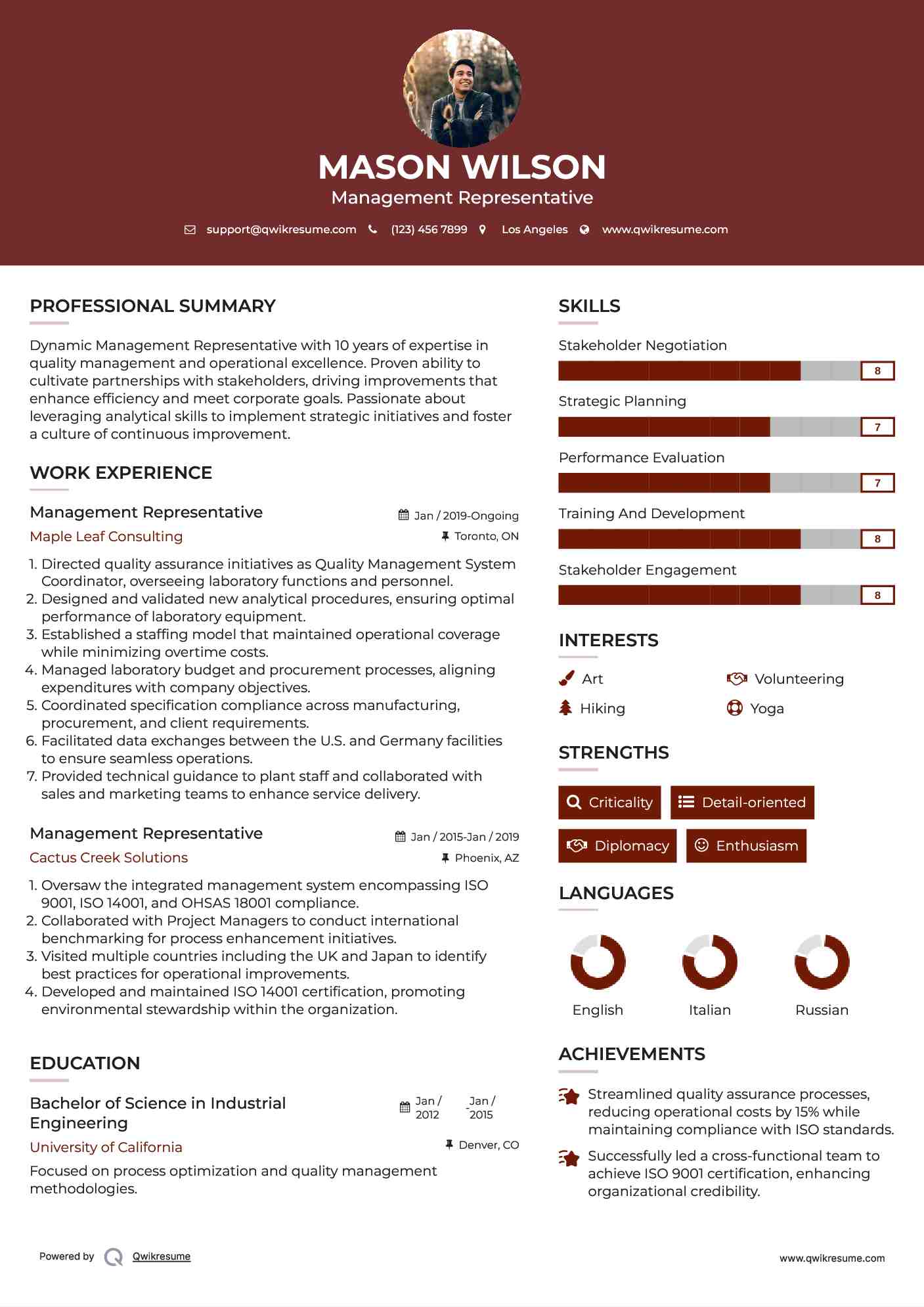 Management Representative Resume Sample