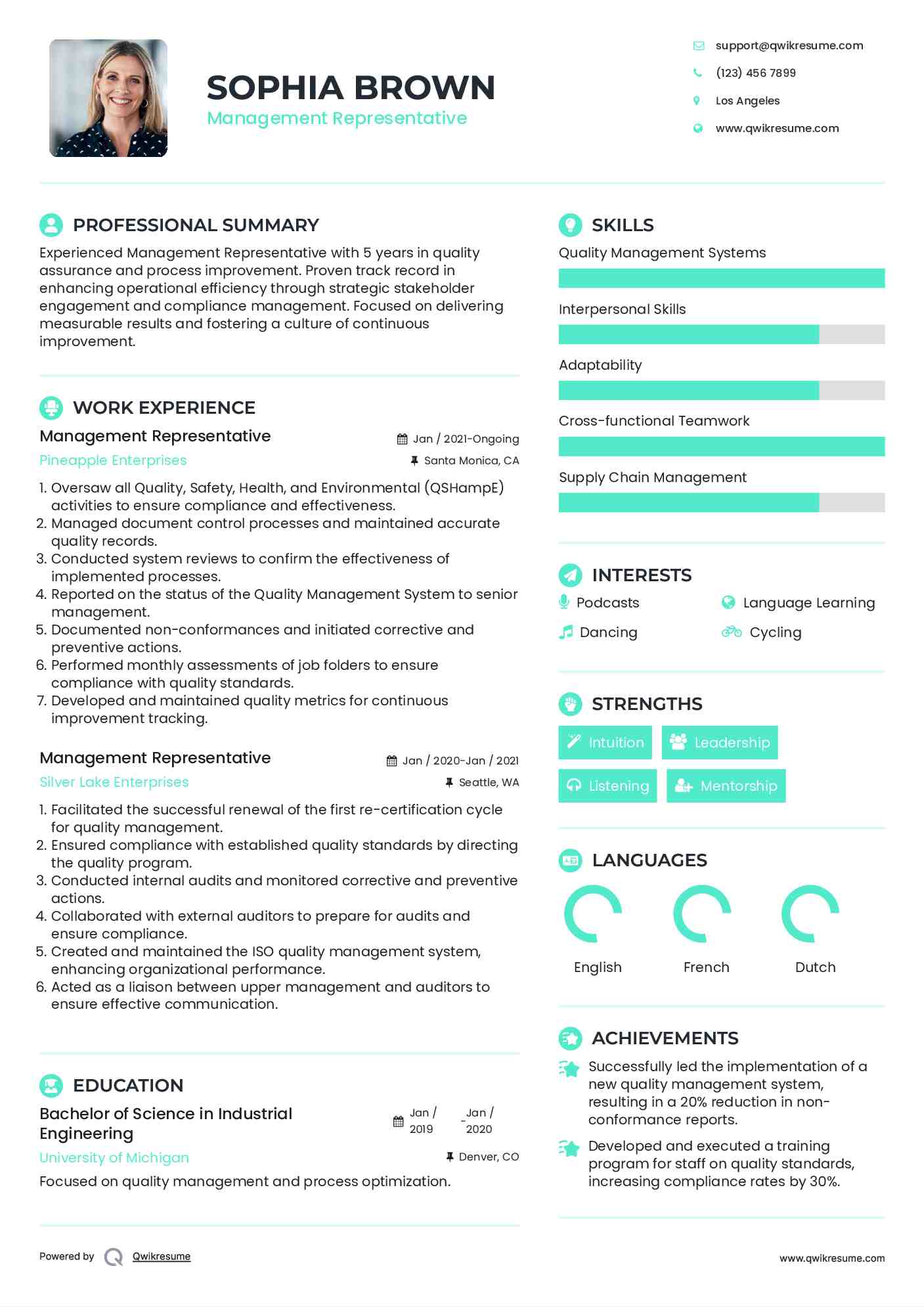 Management Representative Resume Example