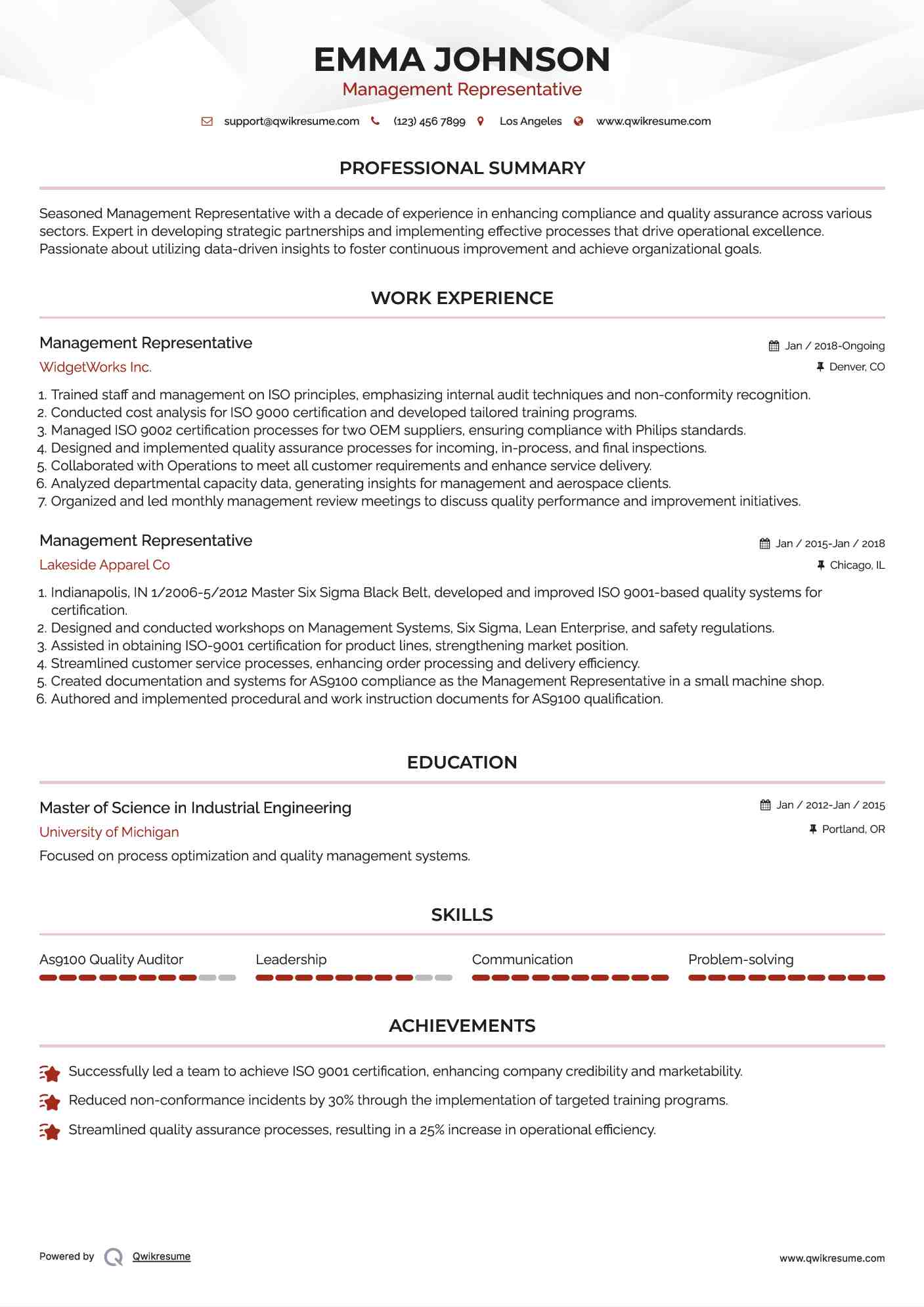 Management Representative Resume Sample