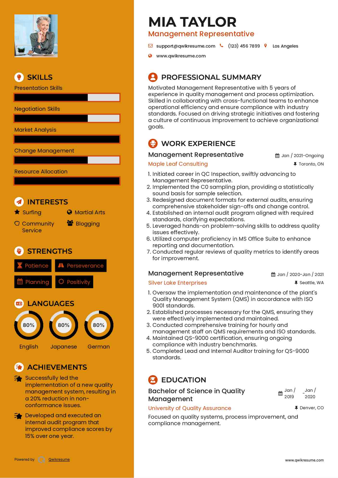 Management Representative Resume Template