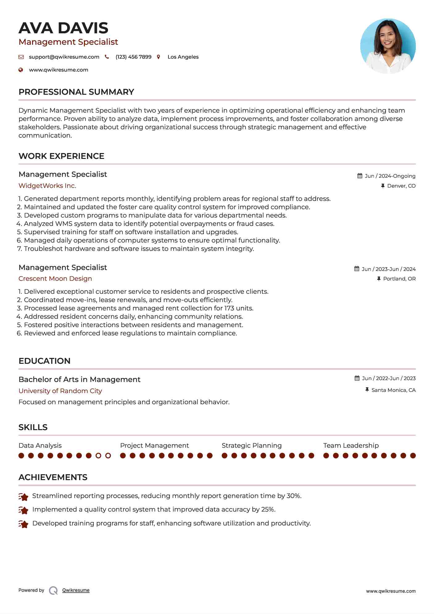Management Specialist Resume Format