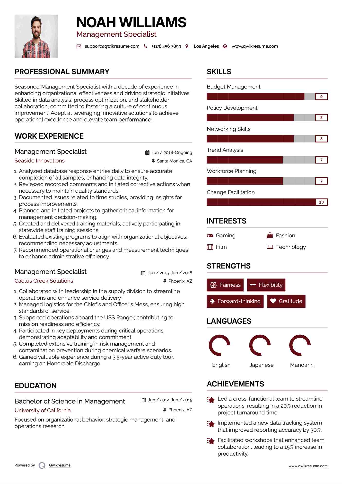Management Specialist Resume Sample