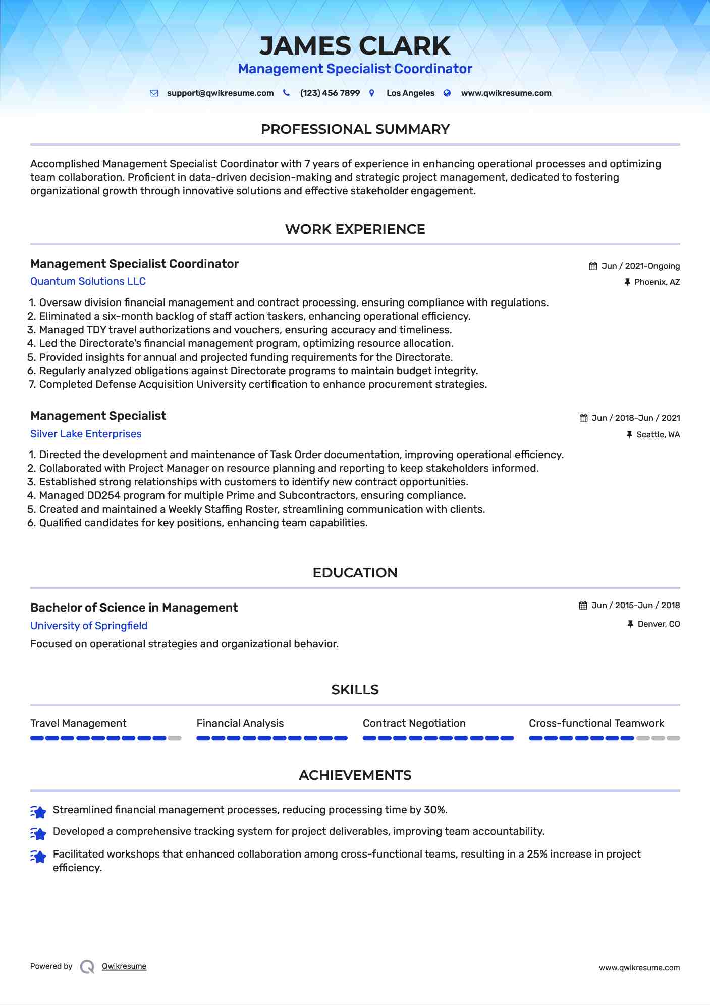 Management Specialist Coordinator Resume Sample
