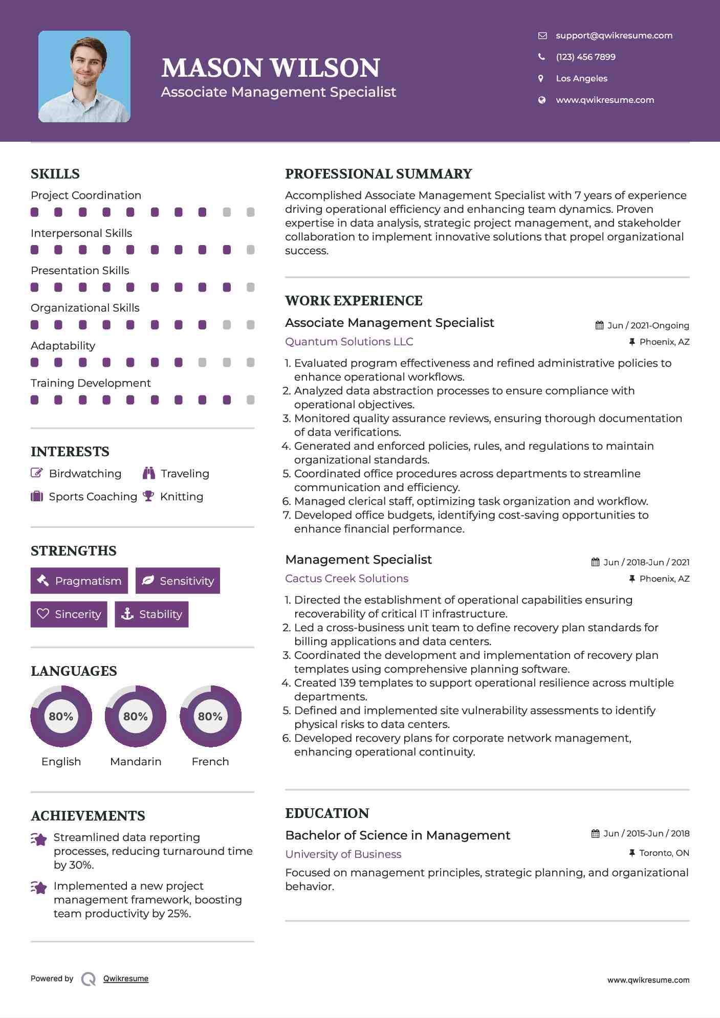 Associate Management Specialist Resume Example