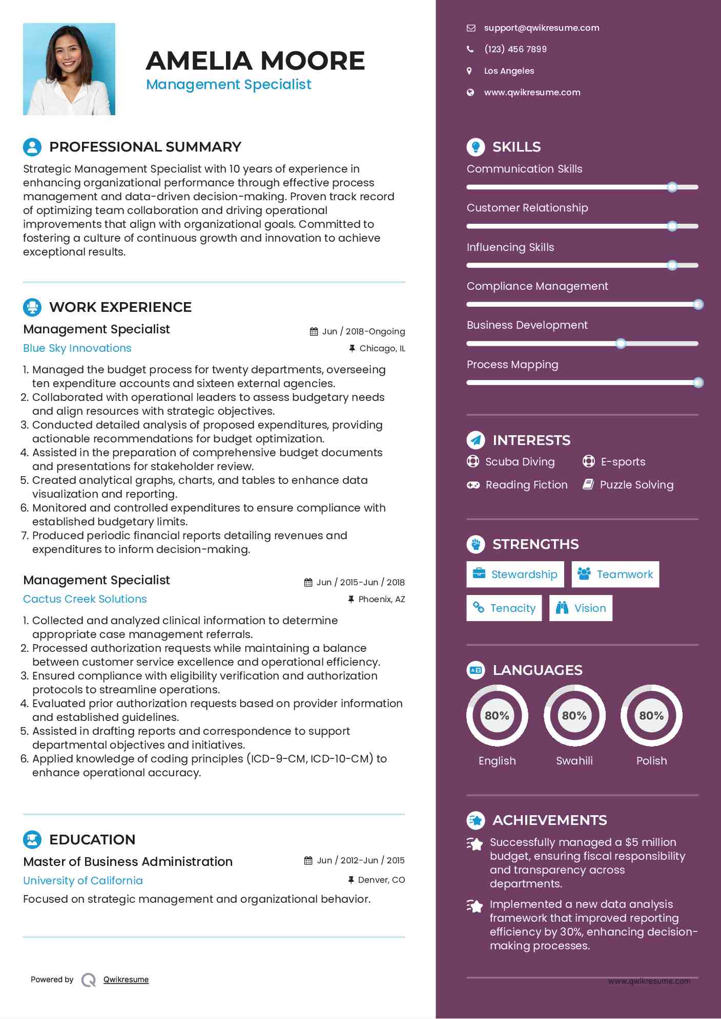 Management Specialist Resume Example