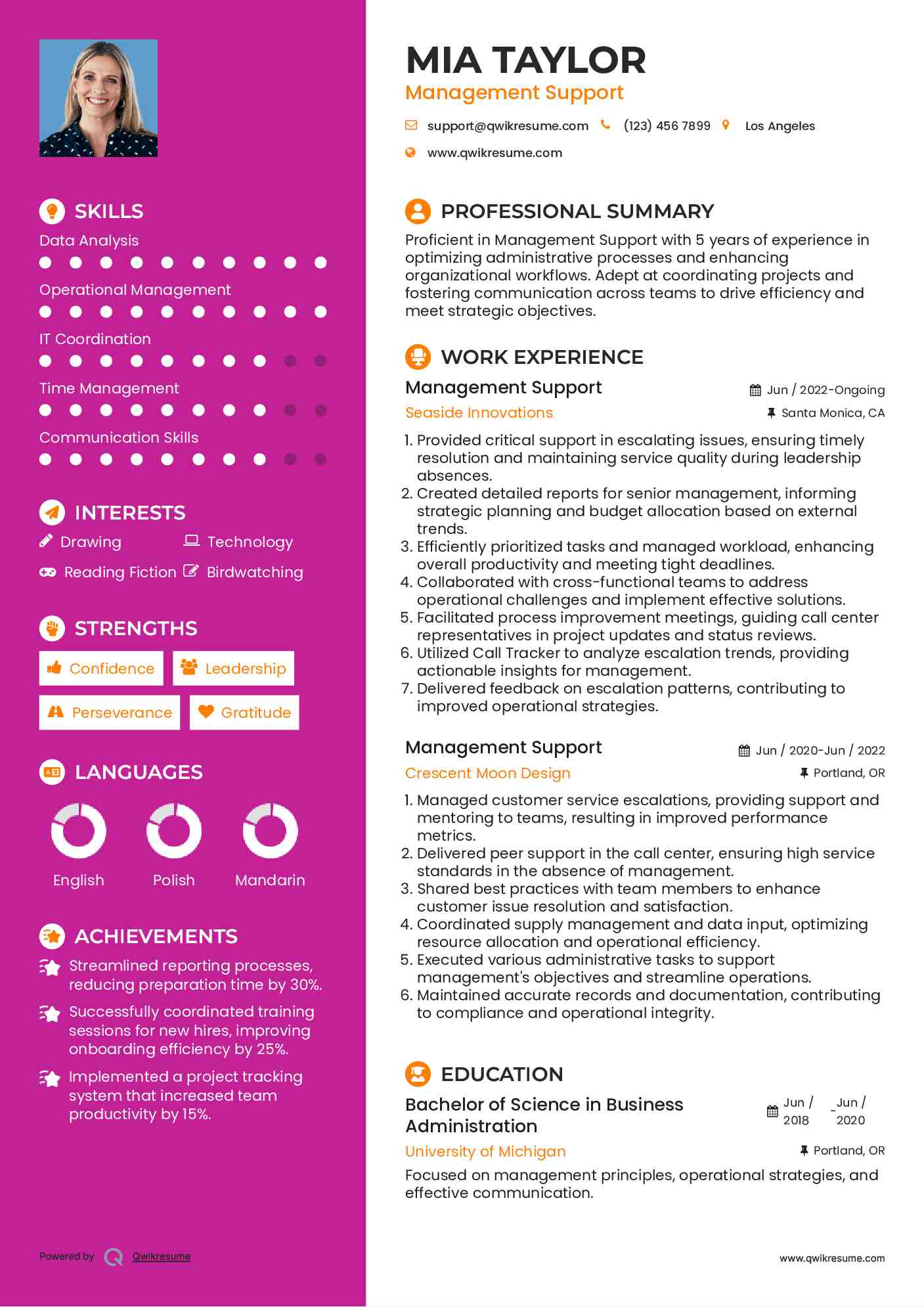 Management Support Resume Template