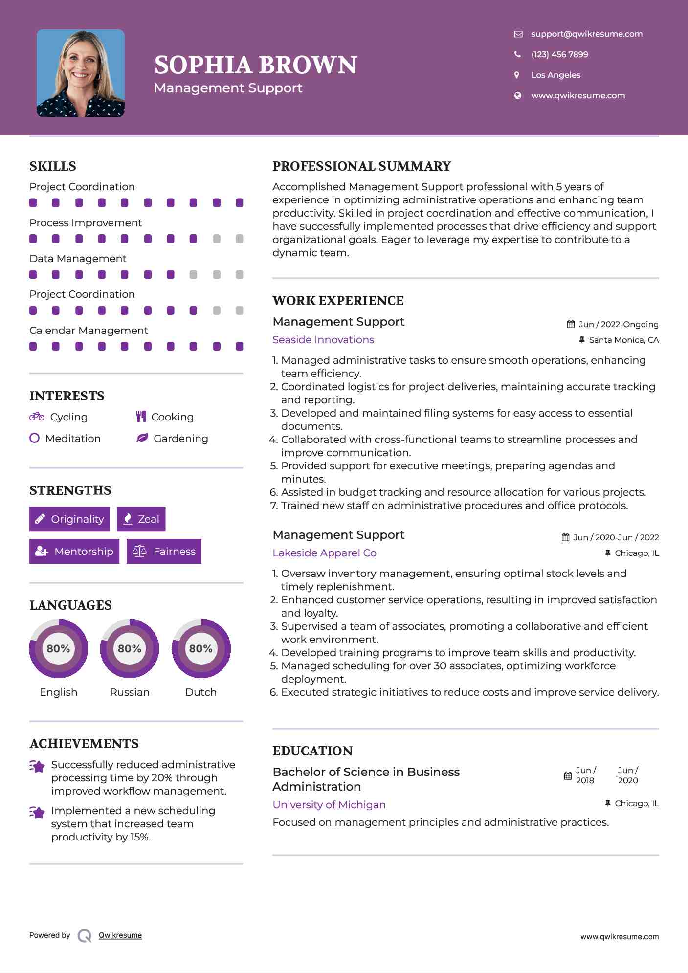 Management Support Resume Sample