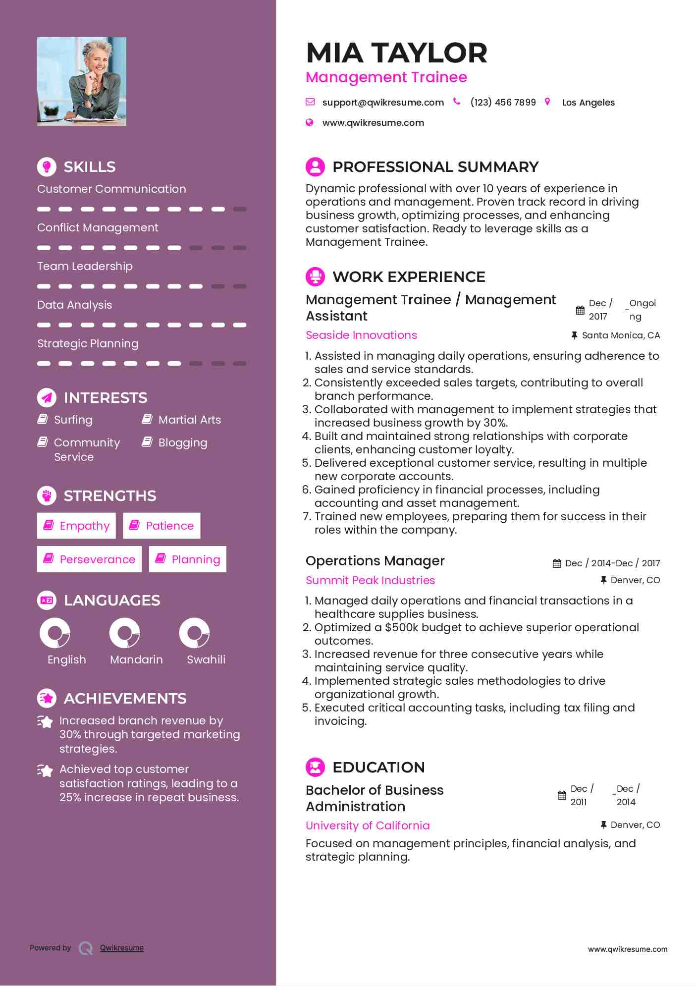 Management Trainee / Management Assistant Resume Example