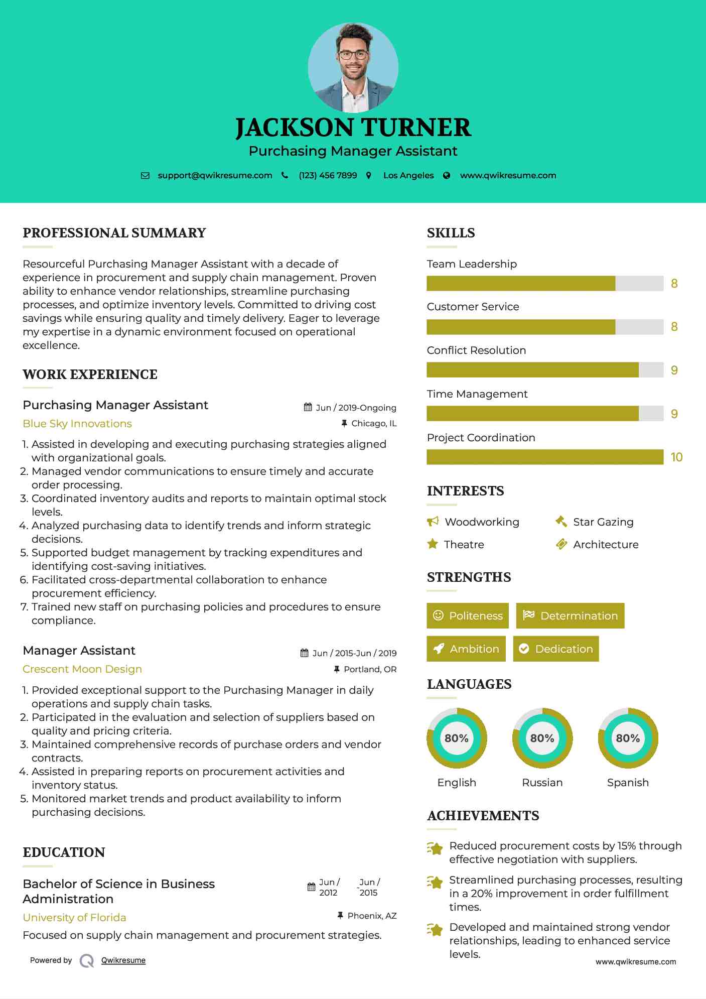 Purchasing Manager Assistant Resume Example