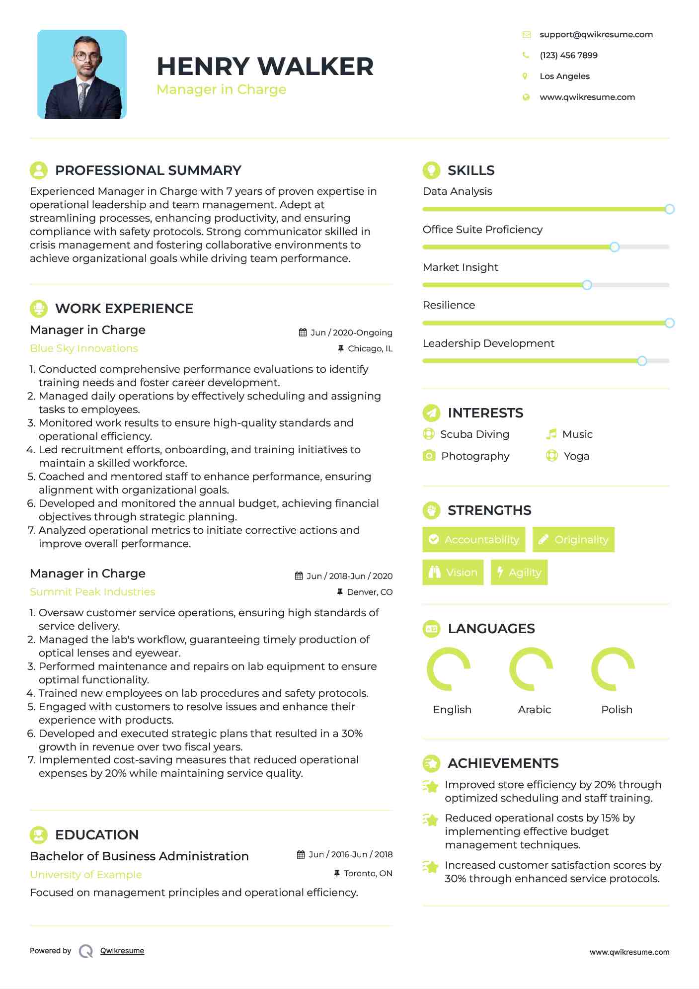 Manager in Charge Resume Format