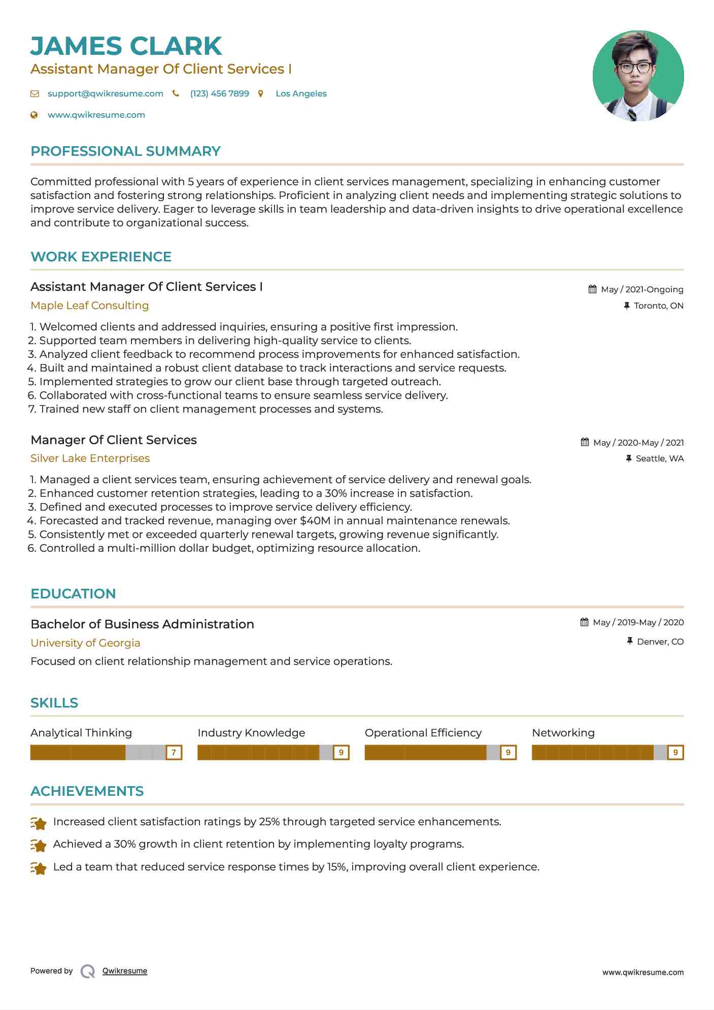 Assistant Manager Of Client Services I Resume Template