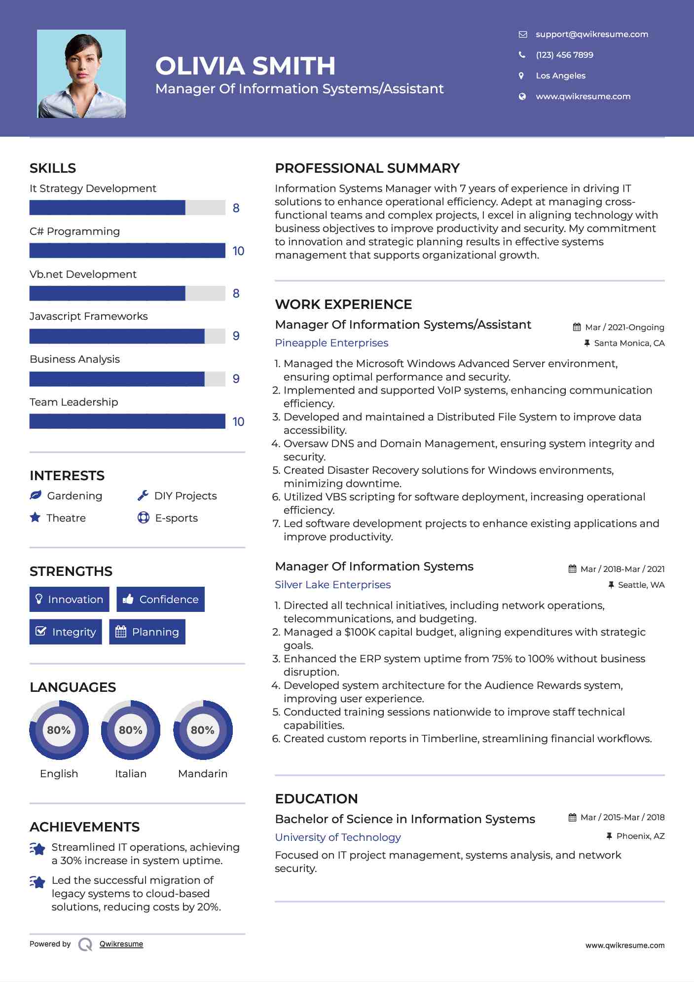 Manager Of Information Systems/Assistant Resume Model