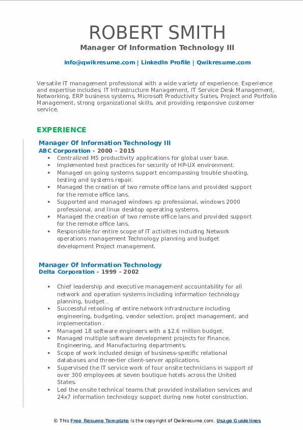 Manager Of Information Technology Resume Samples | QwikResume