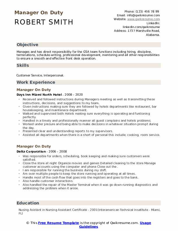 Manager On Duty Resume Samples QwikResume