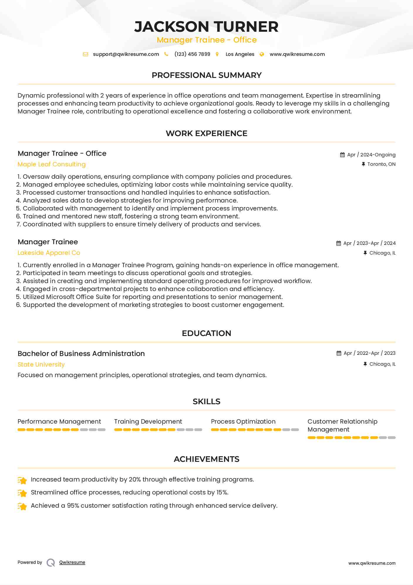 Manager Trainee - Office Resume Template
